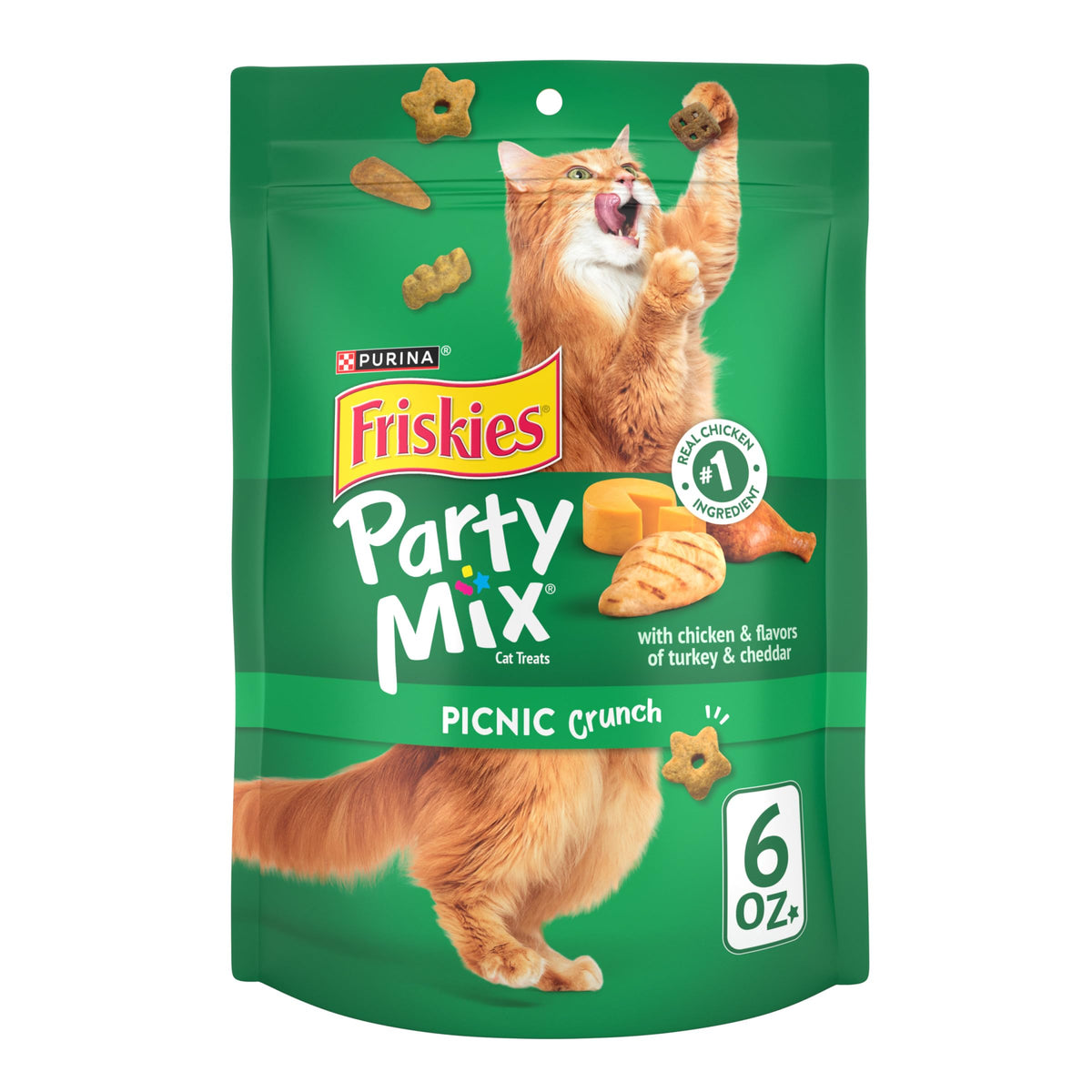 Friskies Party Mix Picnic Crunch en bolsa con cierre para conservar la frescura.