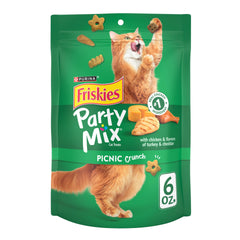 Friskies Party Mix Picnic Crunch en bolsa con cierre para conservar la frescura.