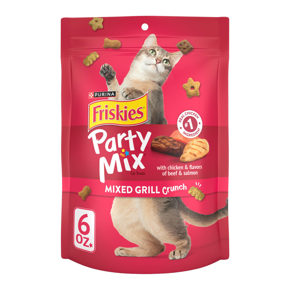 Friskies Party Mix Sabores Parrilla Mixta, trozos crujientes para premiar a tu gato.