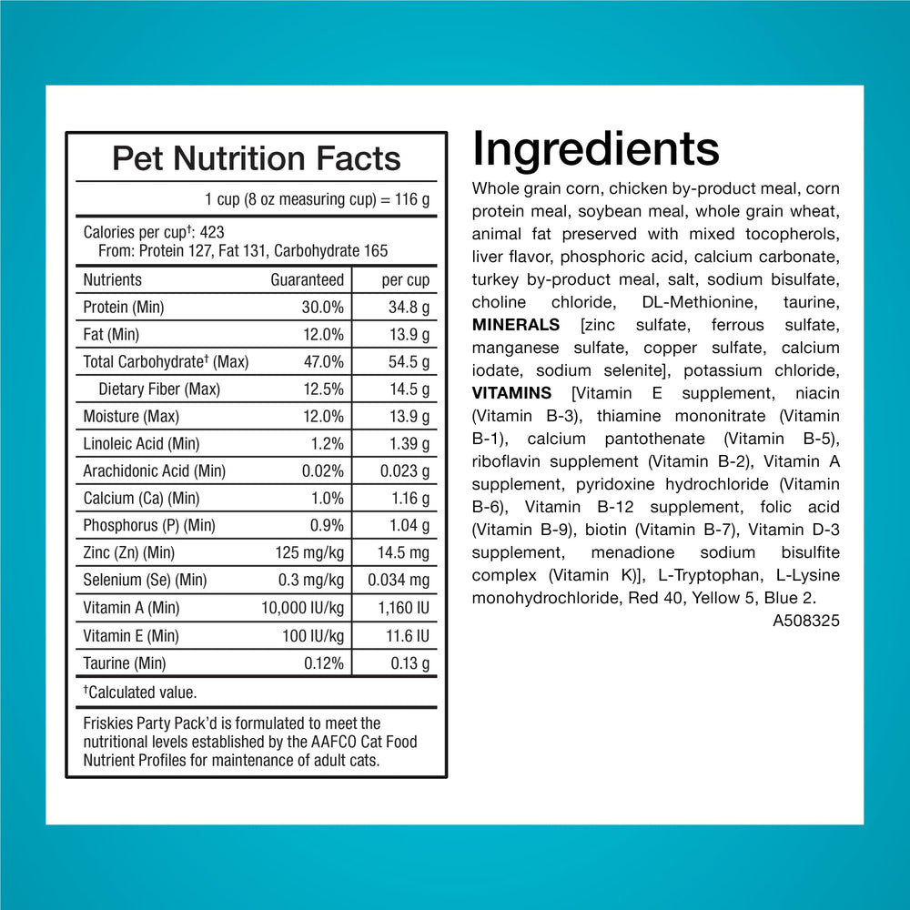 Friskies Party Pack’d alimento completo con 38 nutrientes esenciales para gatos adultos.