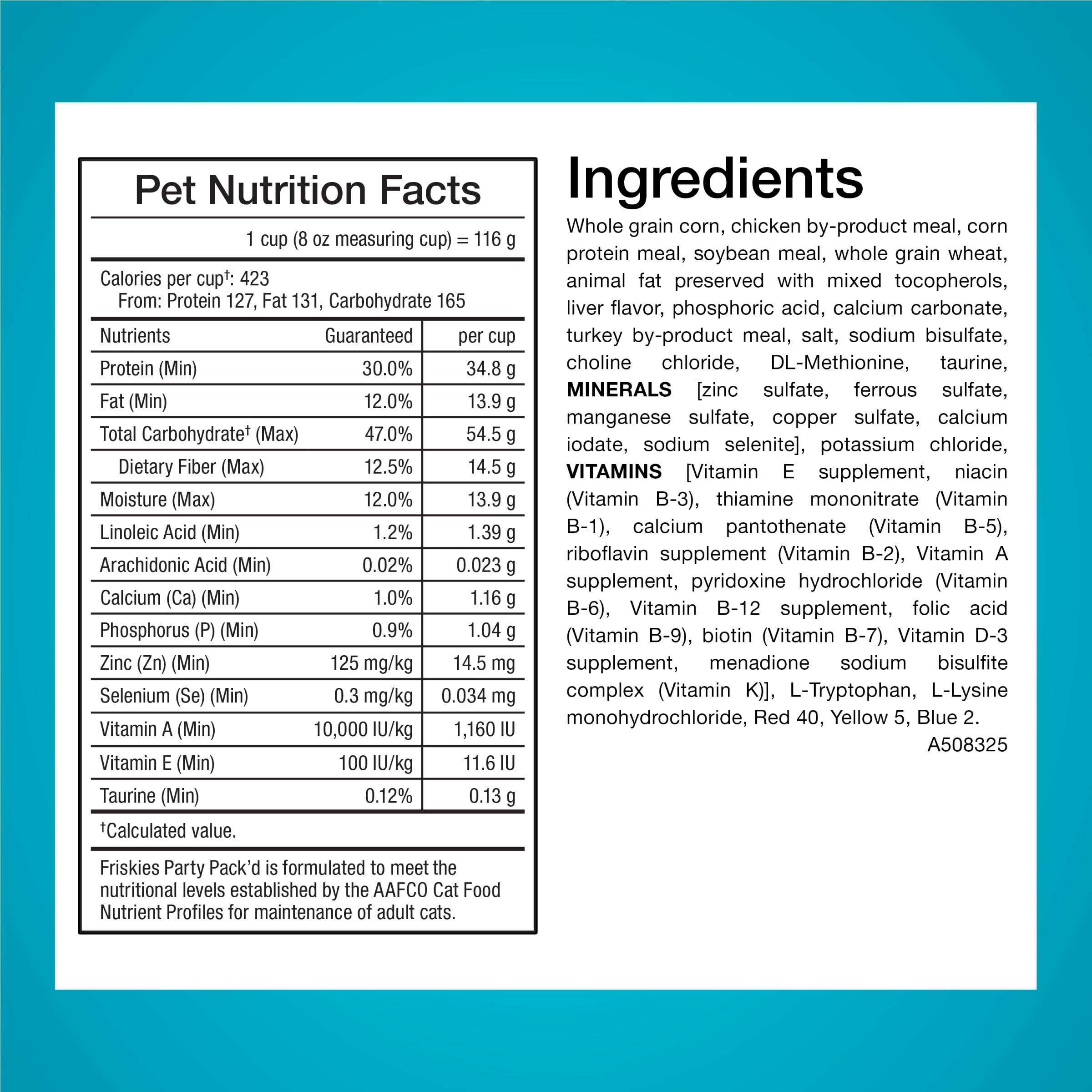 Friskies Party Pack’d receta completa con 38 nutrientes esenciales para gatos saludables.