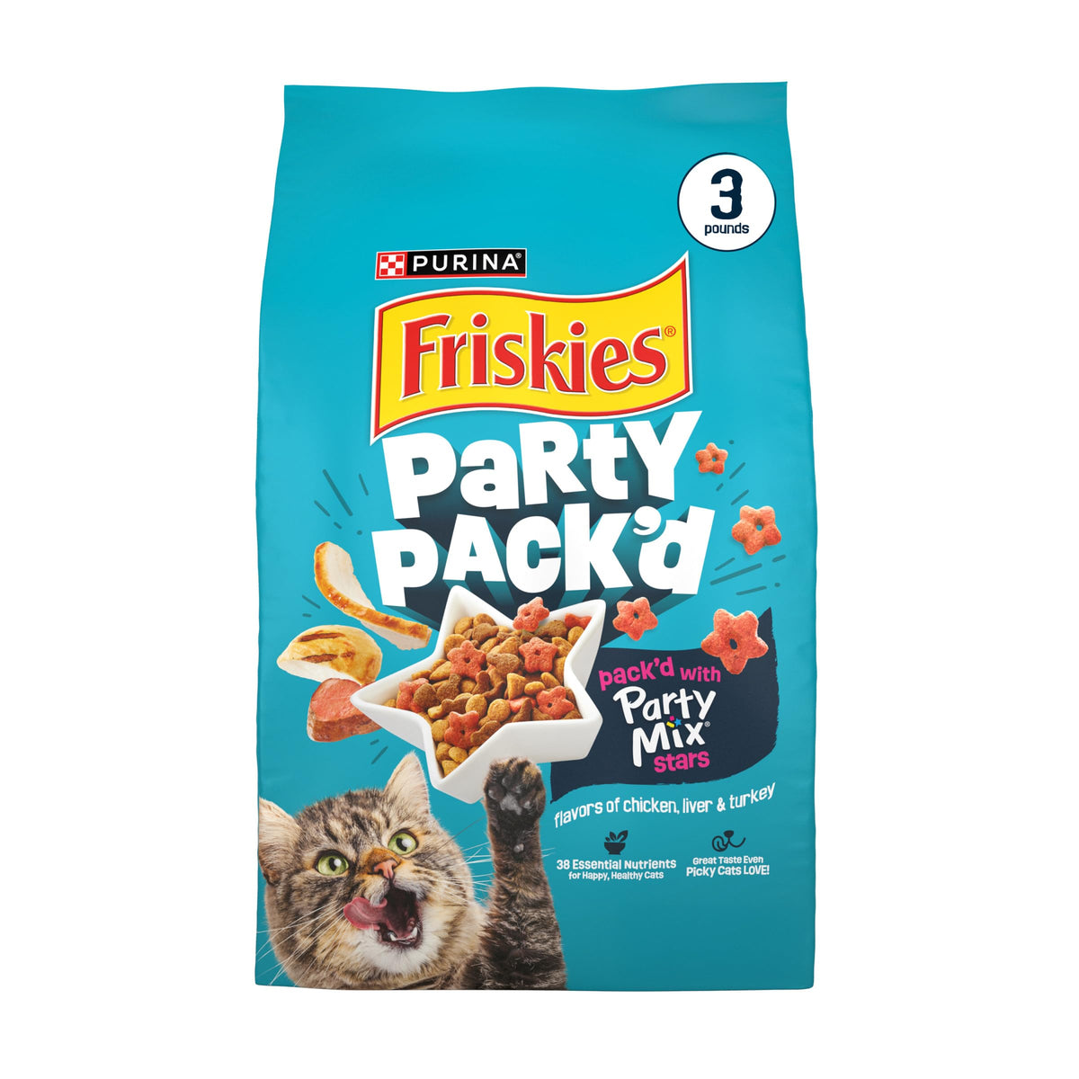 Friskies Party Pack’d sabores pollo-higado-pavo en bolsa, sabor irresistible para gatos curiosos.
