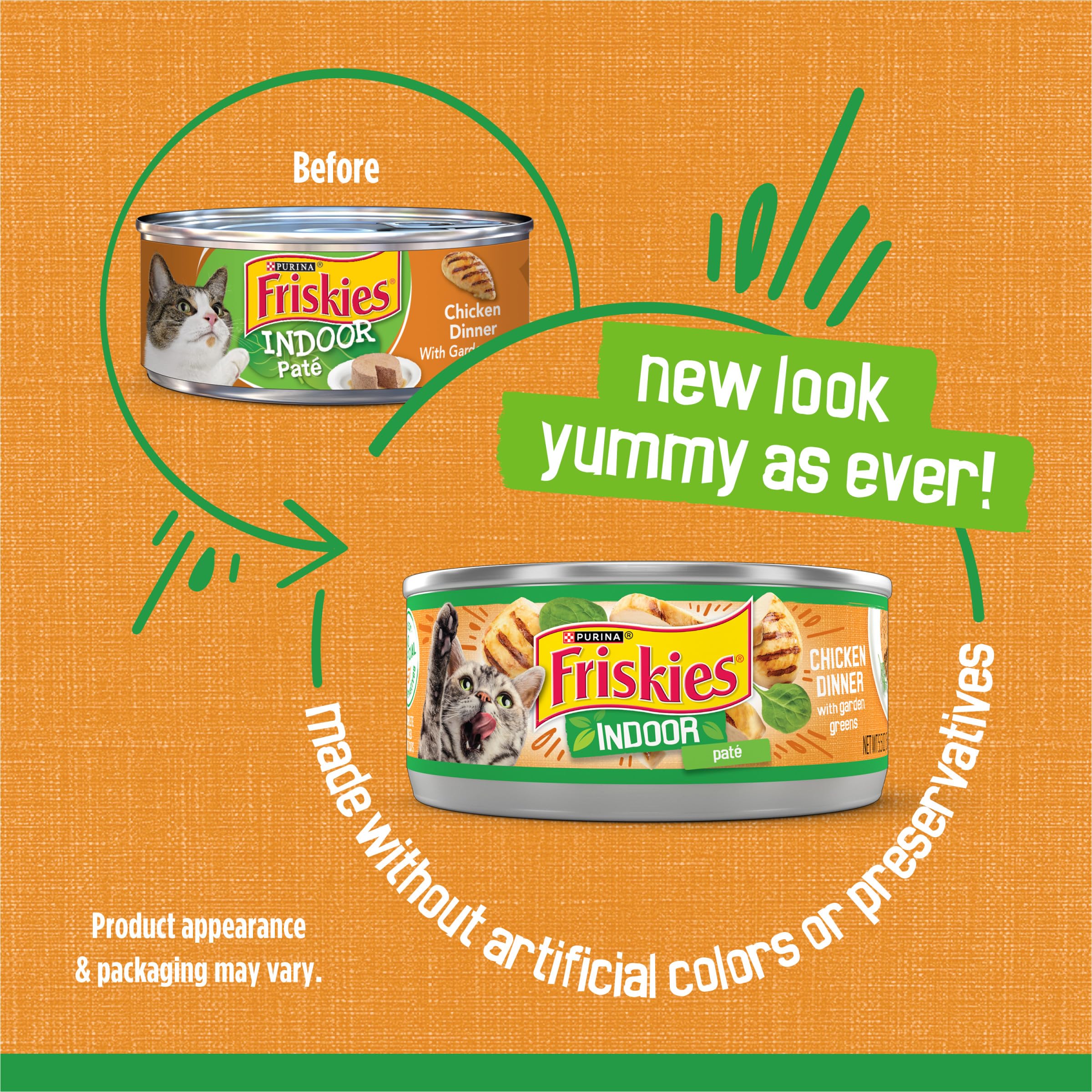 Friskies paté de pollo interno, textura suave que invita a comer.