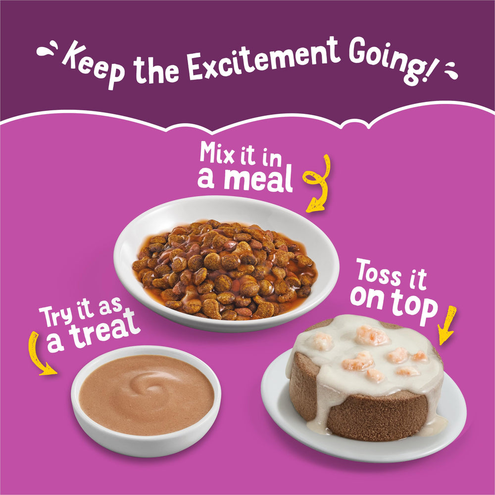 Friskies: pedacitos y caldo, porción individual; snack húmedo o complemento para croquetas.