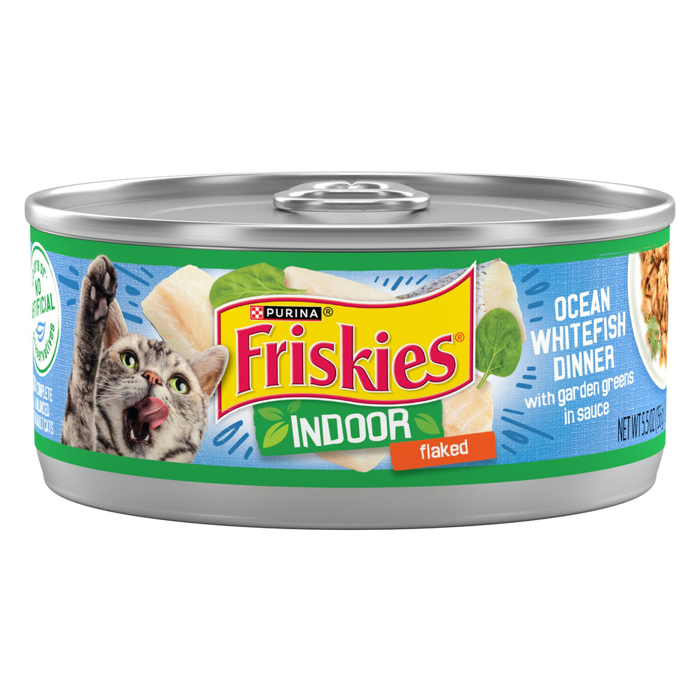 Friskies lata-pescado-blanco-oceano-cena ofrece pescado blanco de alta calidad y sabor atractivo para gatos indoor.