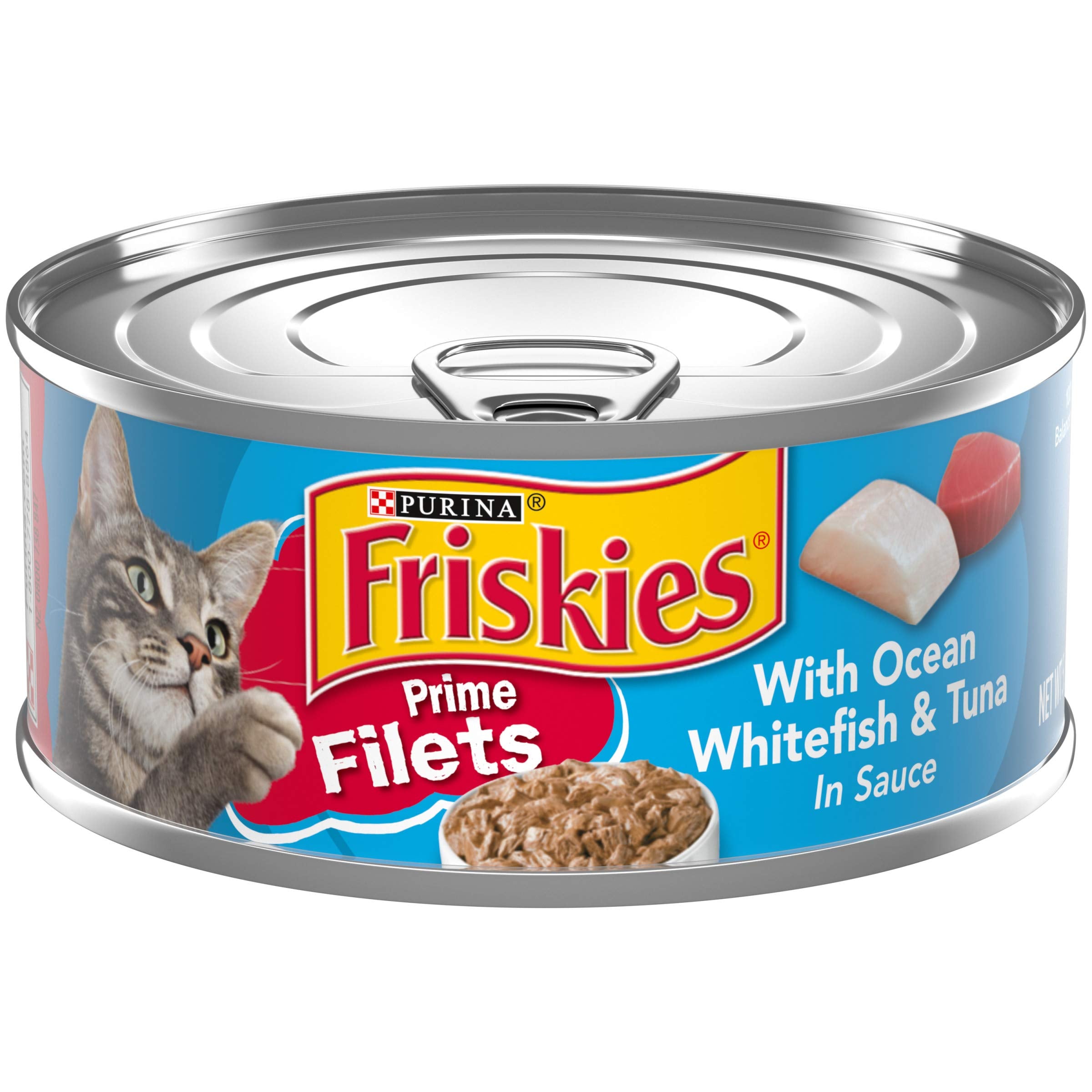 Friskies Prime Filets con bacalao blanco y atún en salsa, trozos jugosos para estimular el apetito.