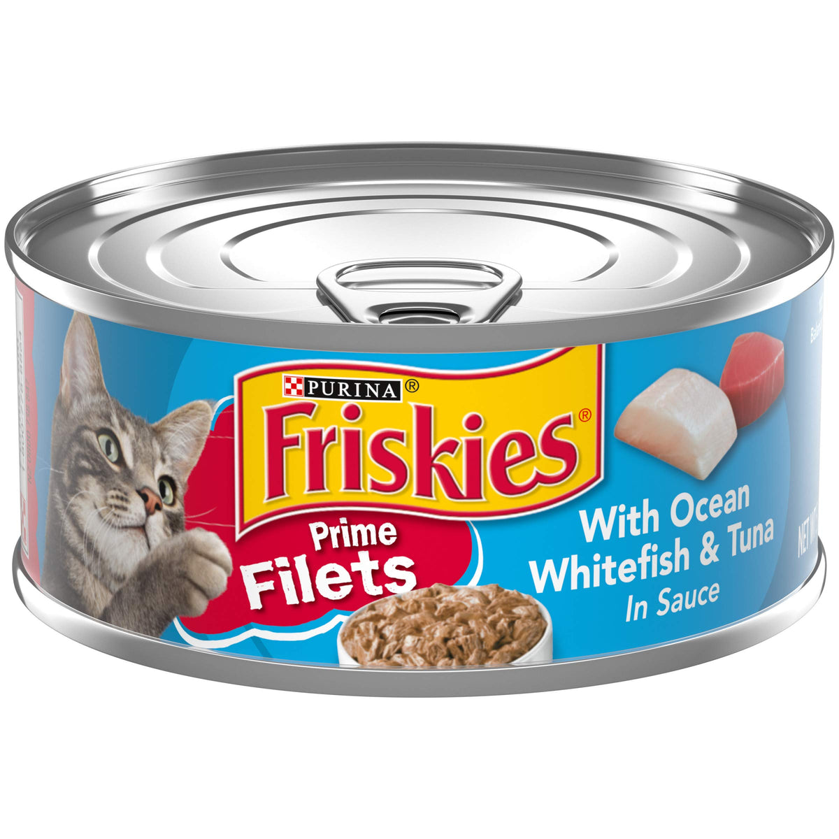 Friskies Prime Filets con bacalao blanco y atún en salsa, trozos jugosos para estimular el apetito.