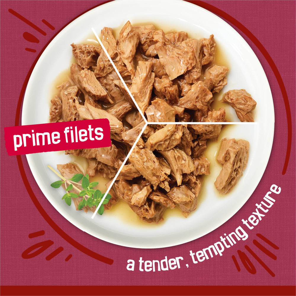 Friskies Filetes carnoso: trozos carne, textura tierna en cada bocado.