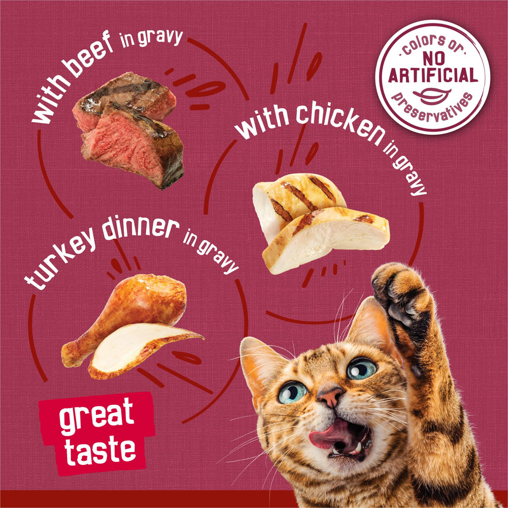 Friskies Filetes carnoso: trozos pollo, receta variada para el paladar felino.