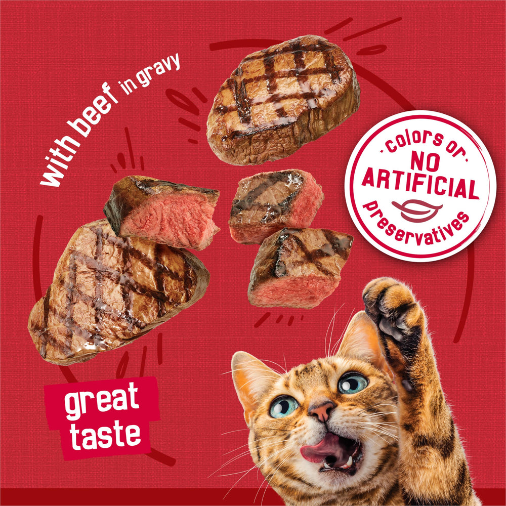 Friskies Prime Filets con ternera, nutrición completa para gatos adultos.