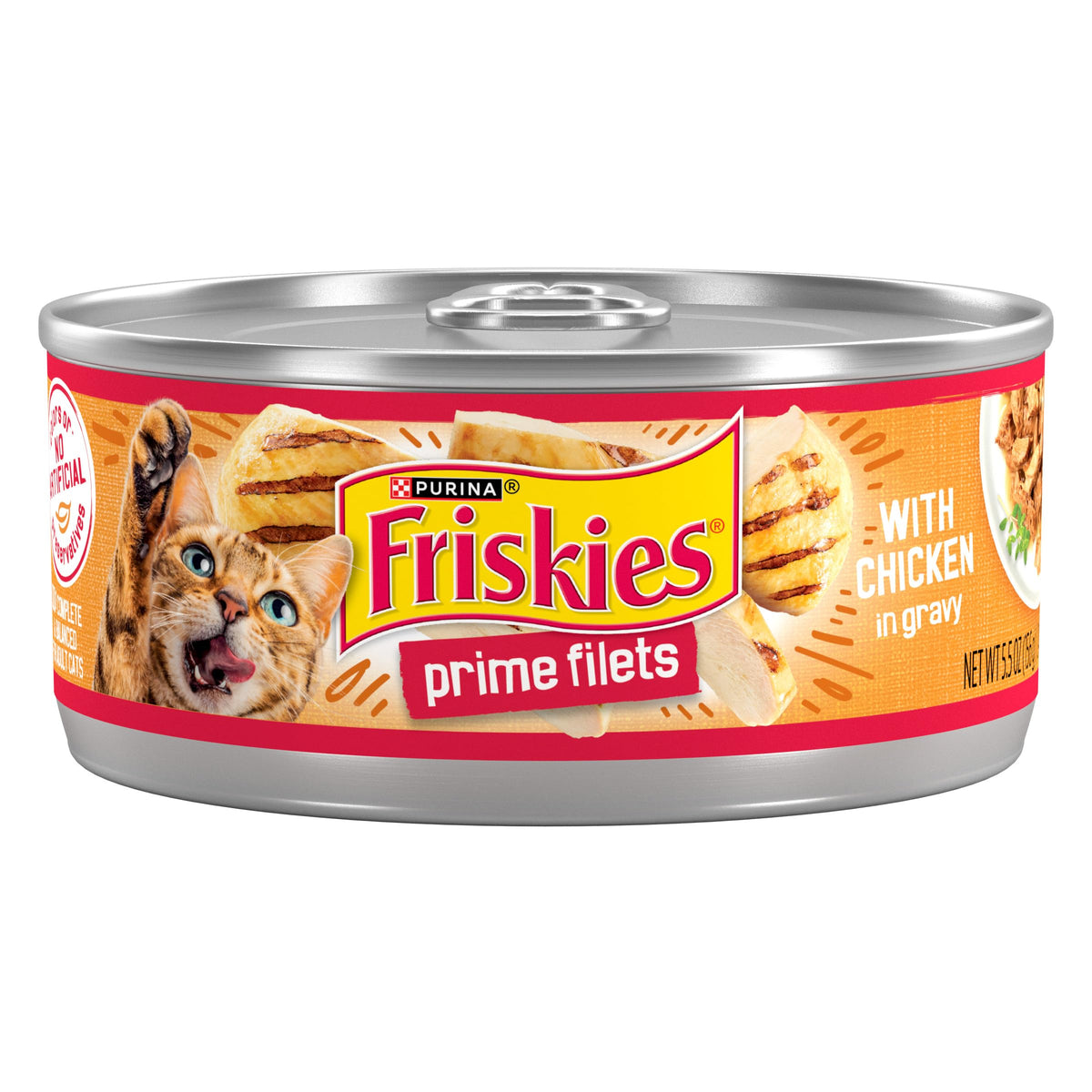 Friskies Prime Filets con pollo en salsa, trozos jugosos que estimulan el apetito felino.