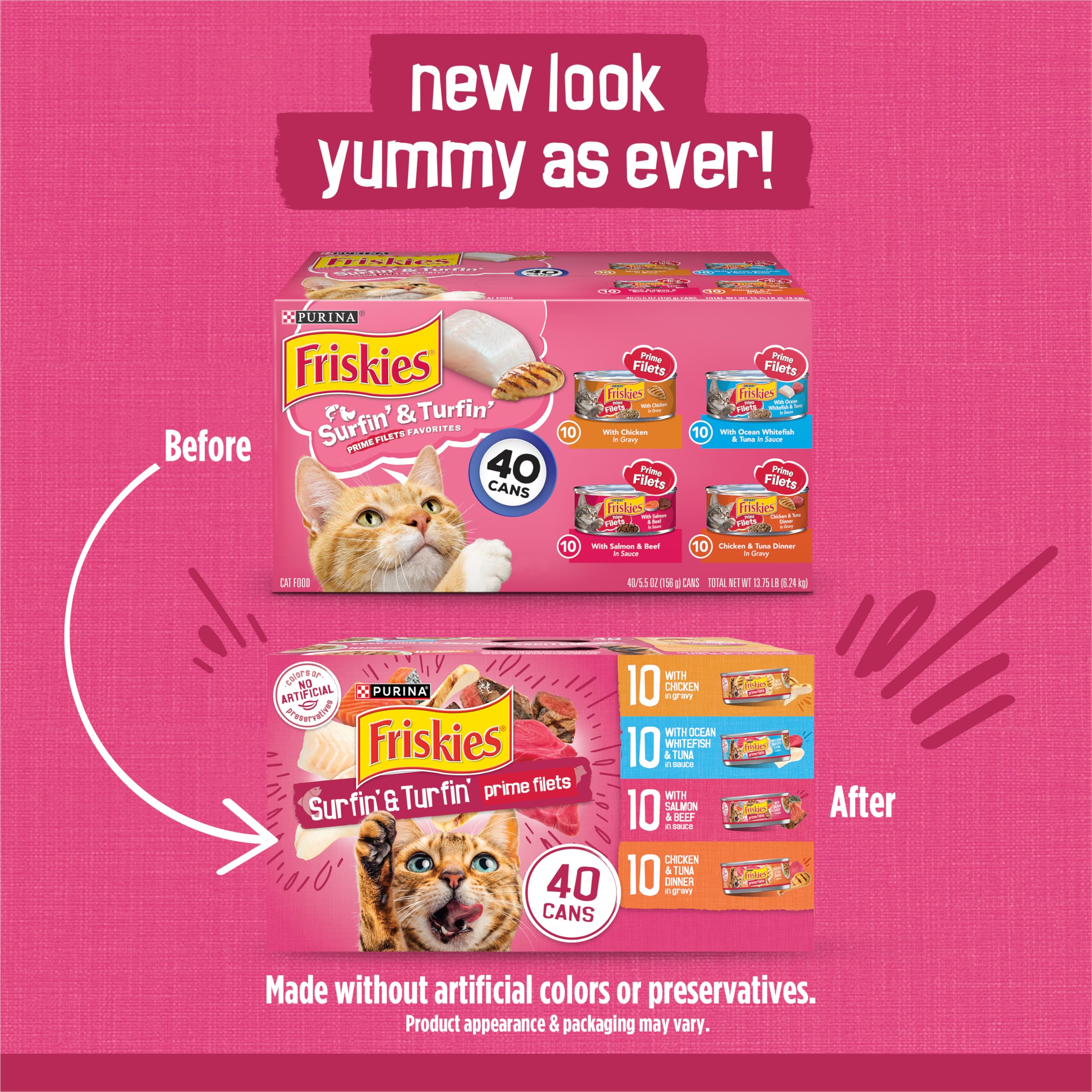 Friskies Prime Filets sabor mariscos en lata de 5.5 oz para gatos activos.
