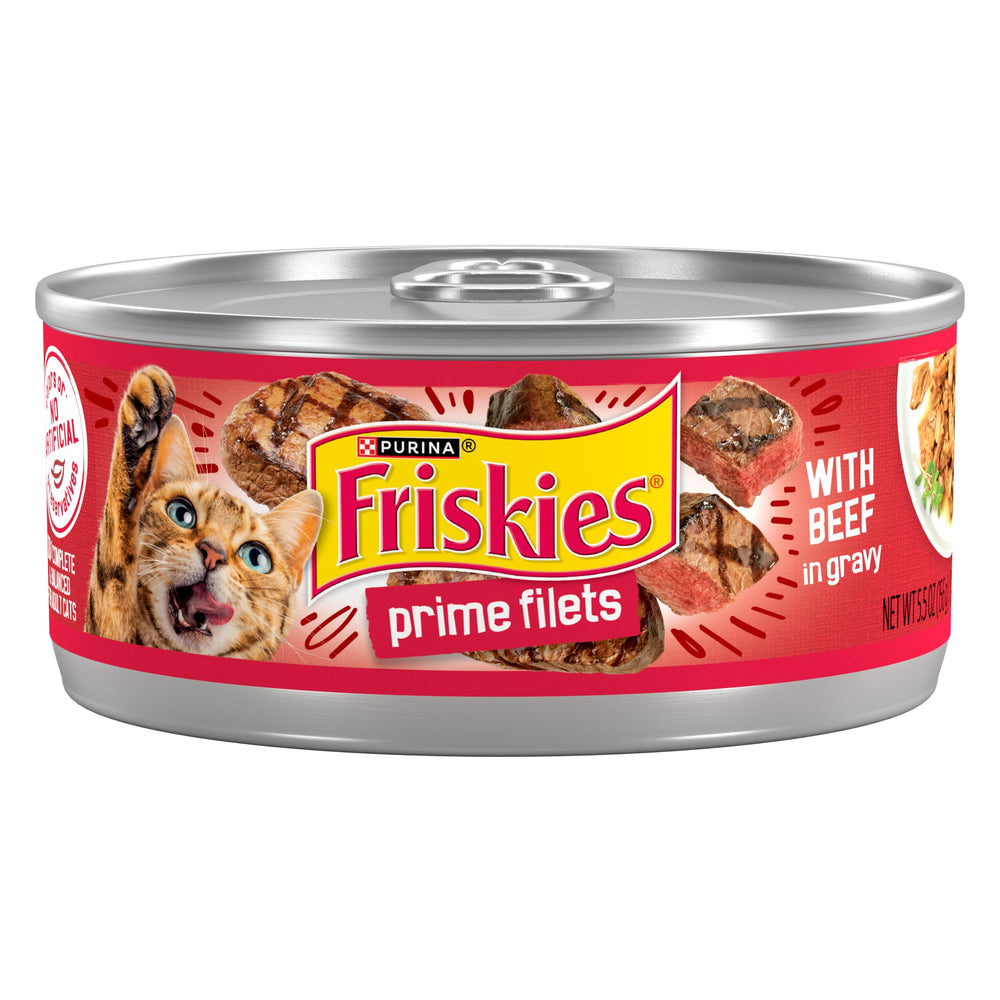 Friskies Prime Filets con ternera en salsa, lata, sabor sabroso para gatos adultos.