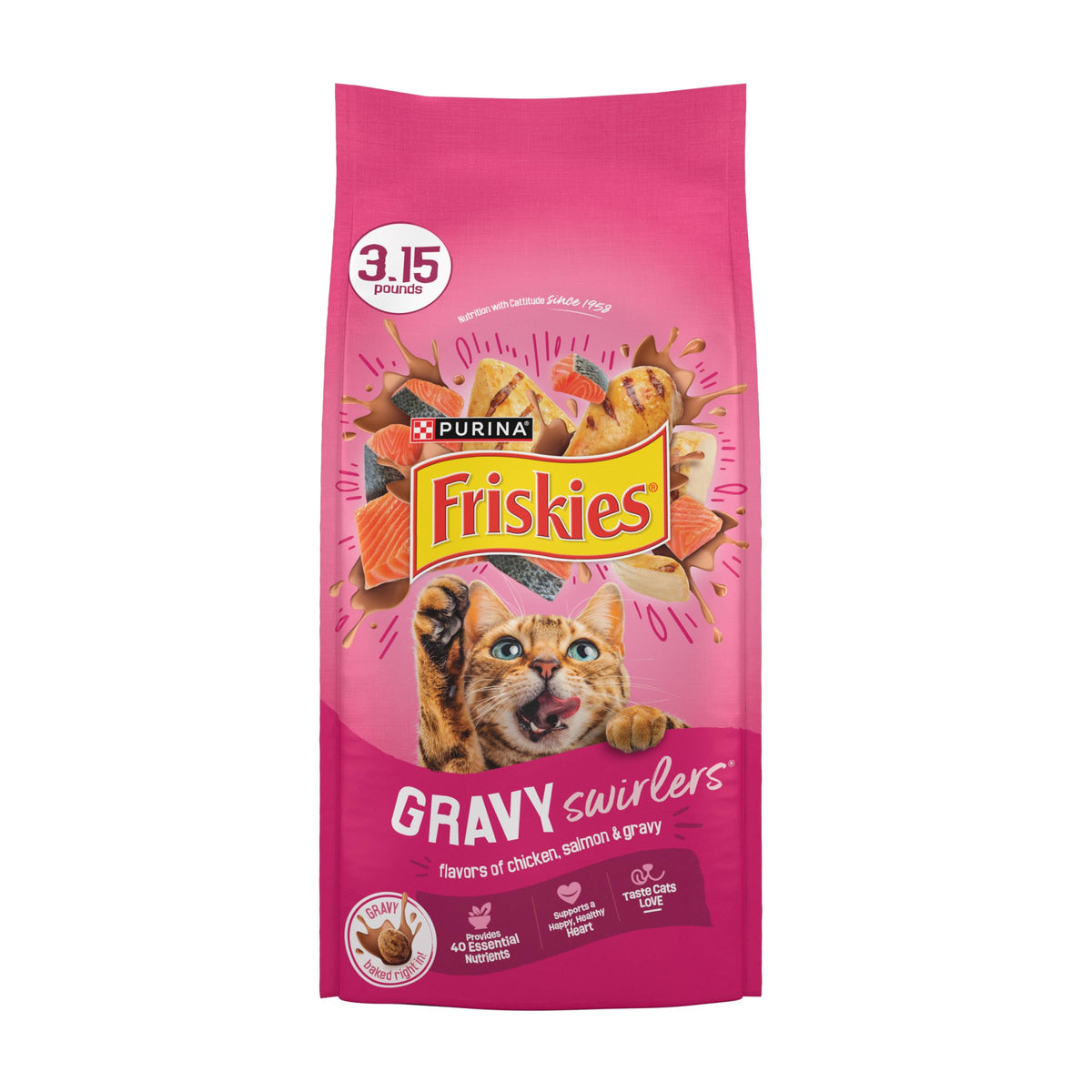 Friskies remolinos de salsa con pollo y salmón, croquetas crujientes para gatos
