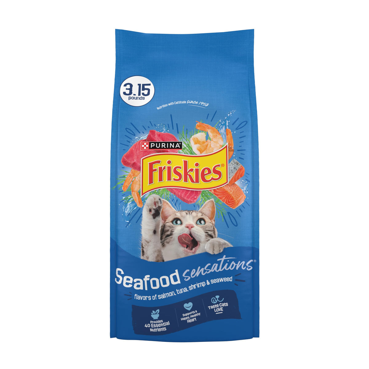 Friskies Sensaciones Mariscos: la bolsa frontal muestra el producto, para su alimentación diaria.