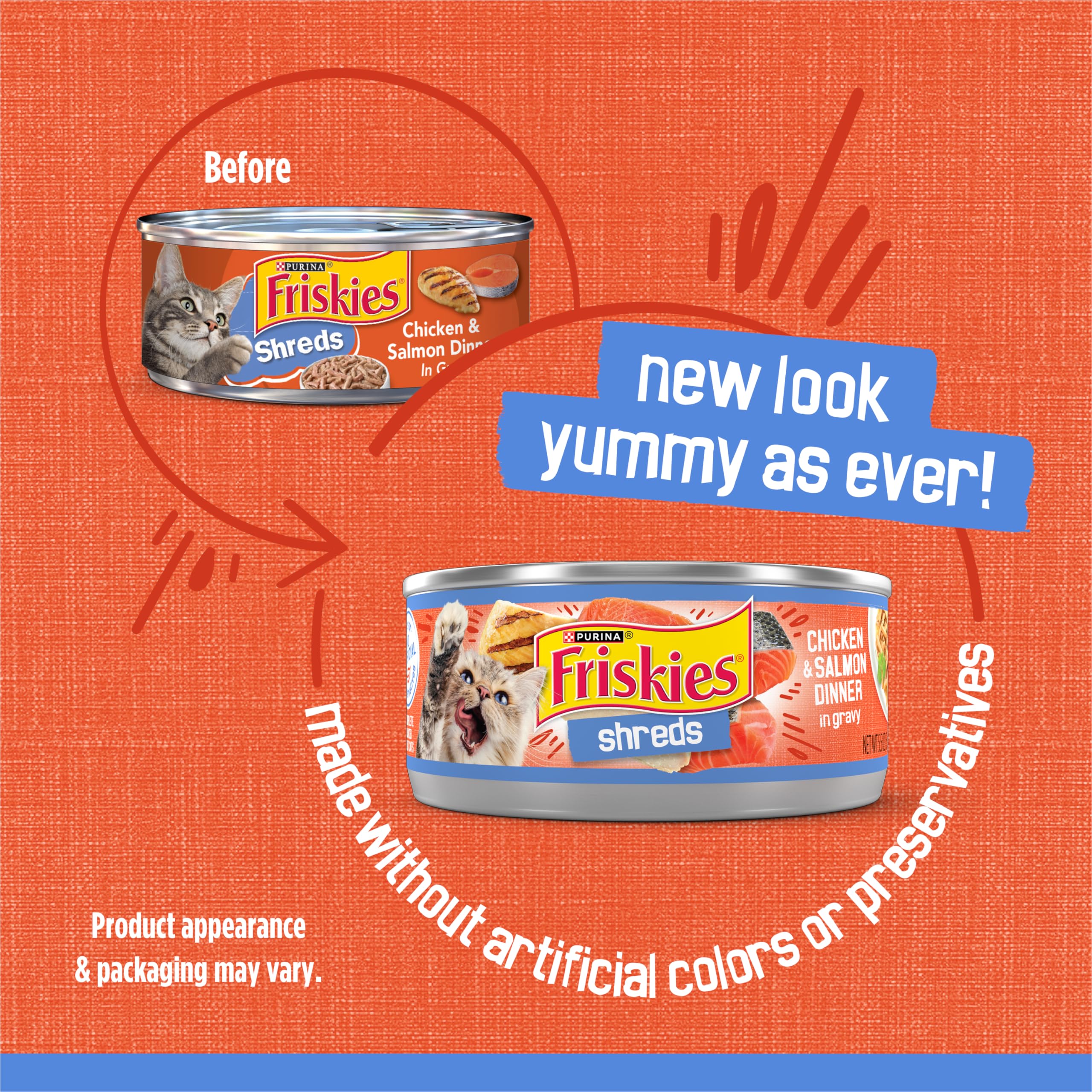 Friskies Shreds pollo-salmón, servido en plato, textura tierna invita a comer.