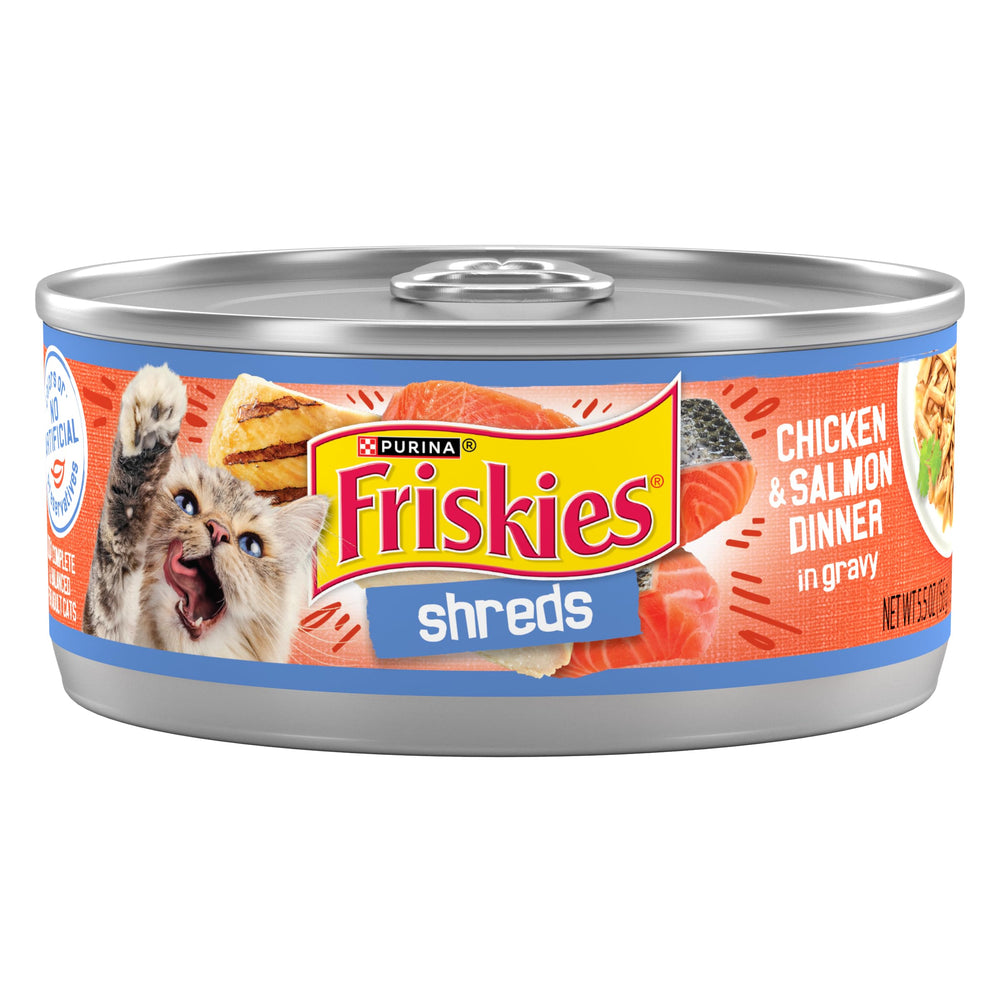 Friskies Shreds pollo-salmón cena en salsa: sabor real para gatitos y gatos adultos.