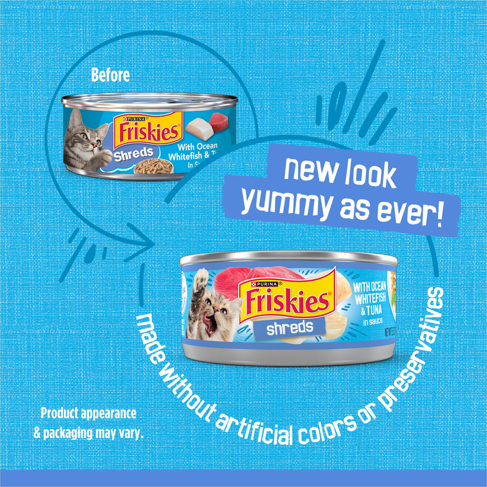 Purina Friskies Shreds con fletán blanco y atún, trozos tiernos en salsa