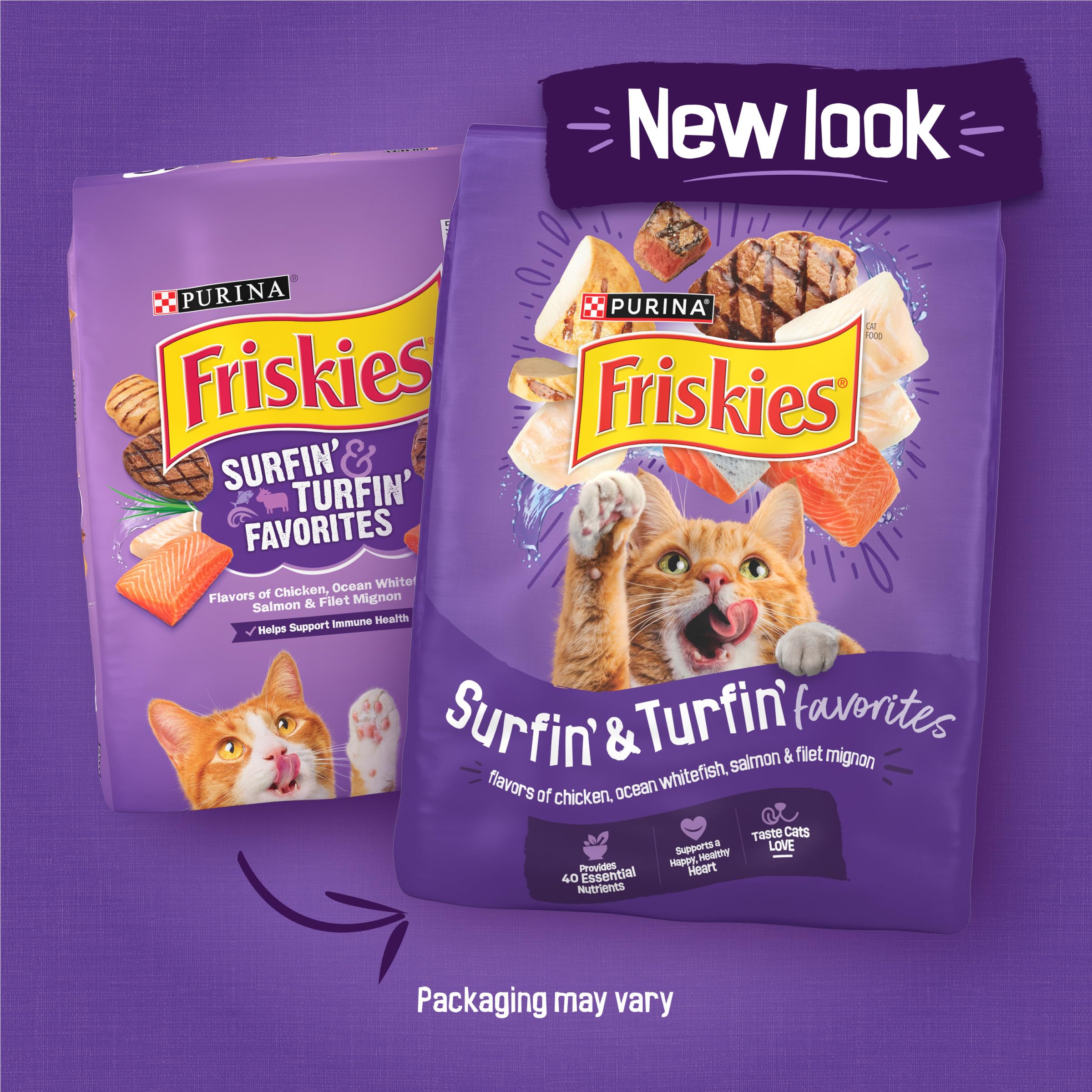 Friskies Surfin y Turfin favoritos, kibble crujiente, ayuda a dientes sanos