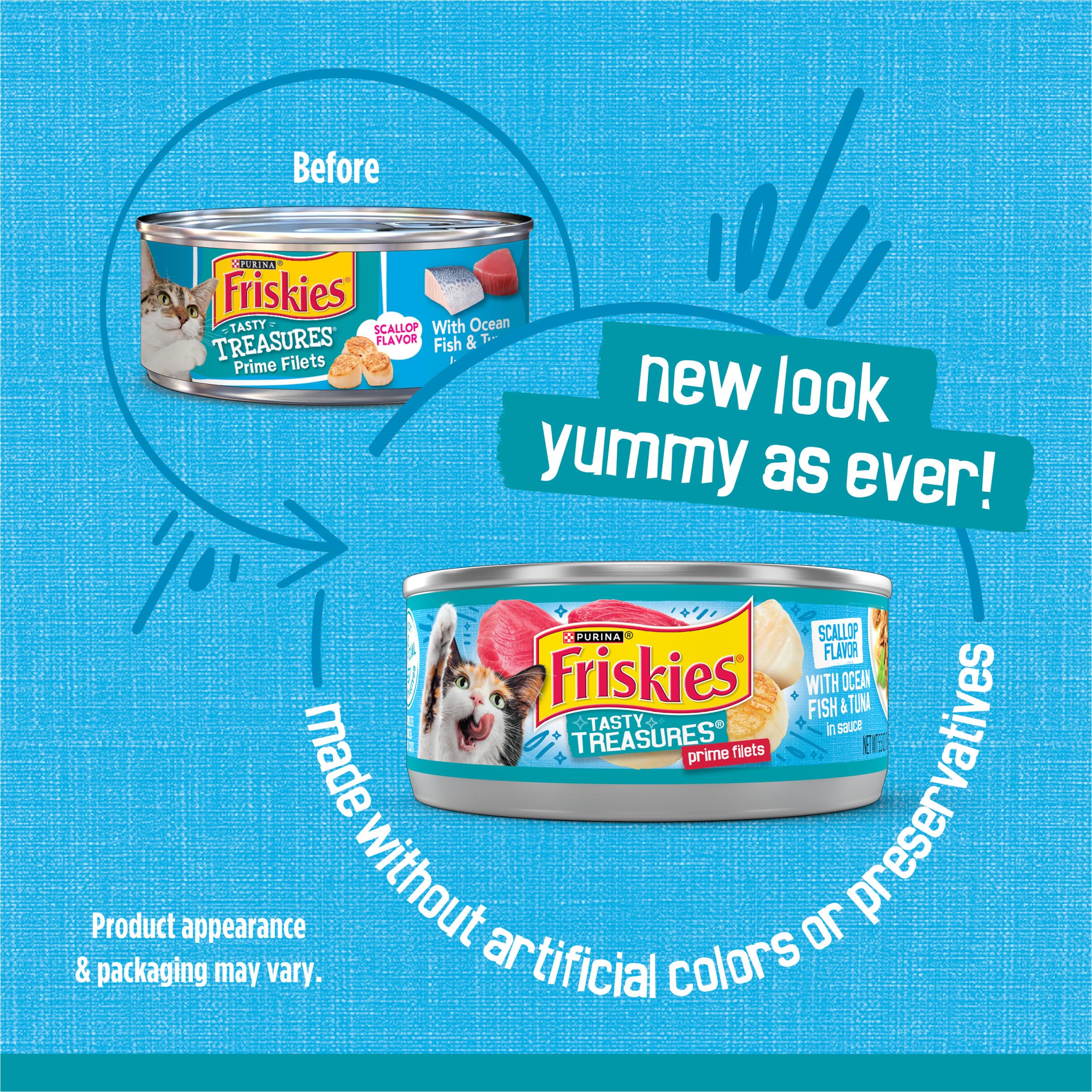 Friskies Tasty Treasures, gato disfruta salsa marina, sabor marino para su comida
