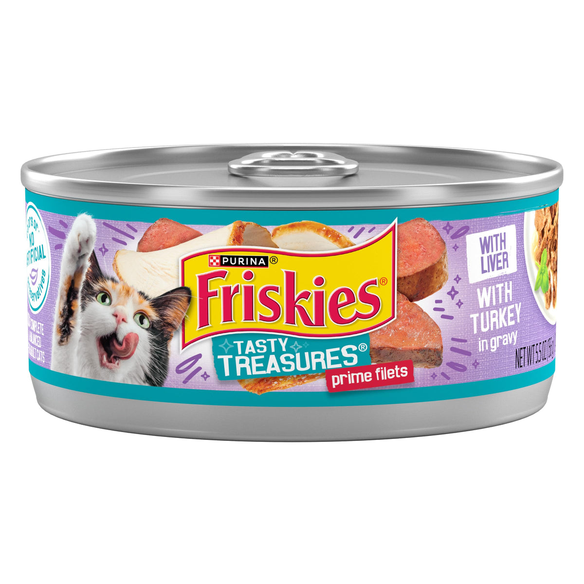 Friskies Tasty Treasures con pavo y hígado en salsa, textura tierna para gatos.