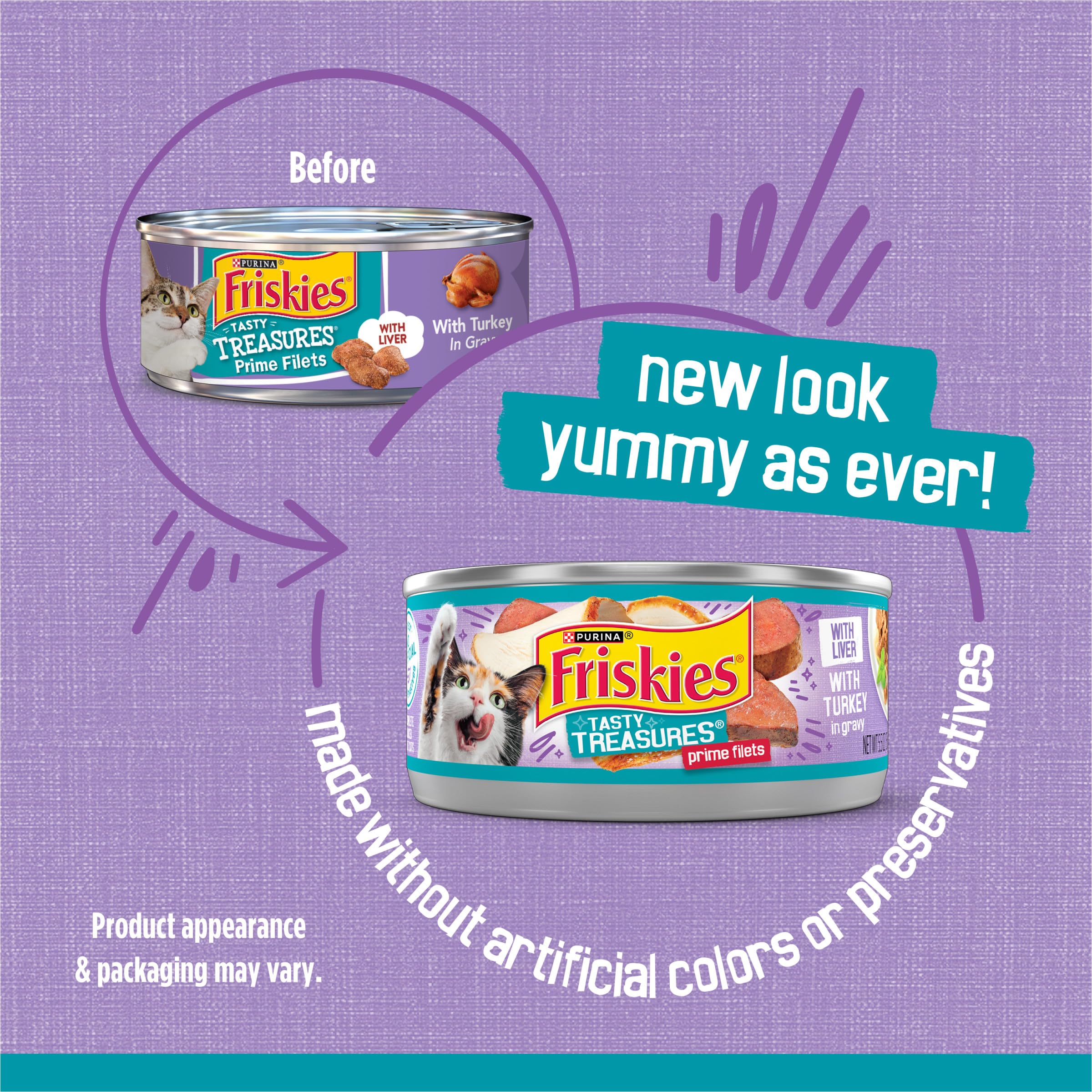 Latas de Friskies Tasty Treasures con pavo y hígado en salsa, porciones sabrosas.