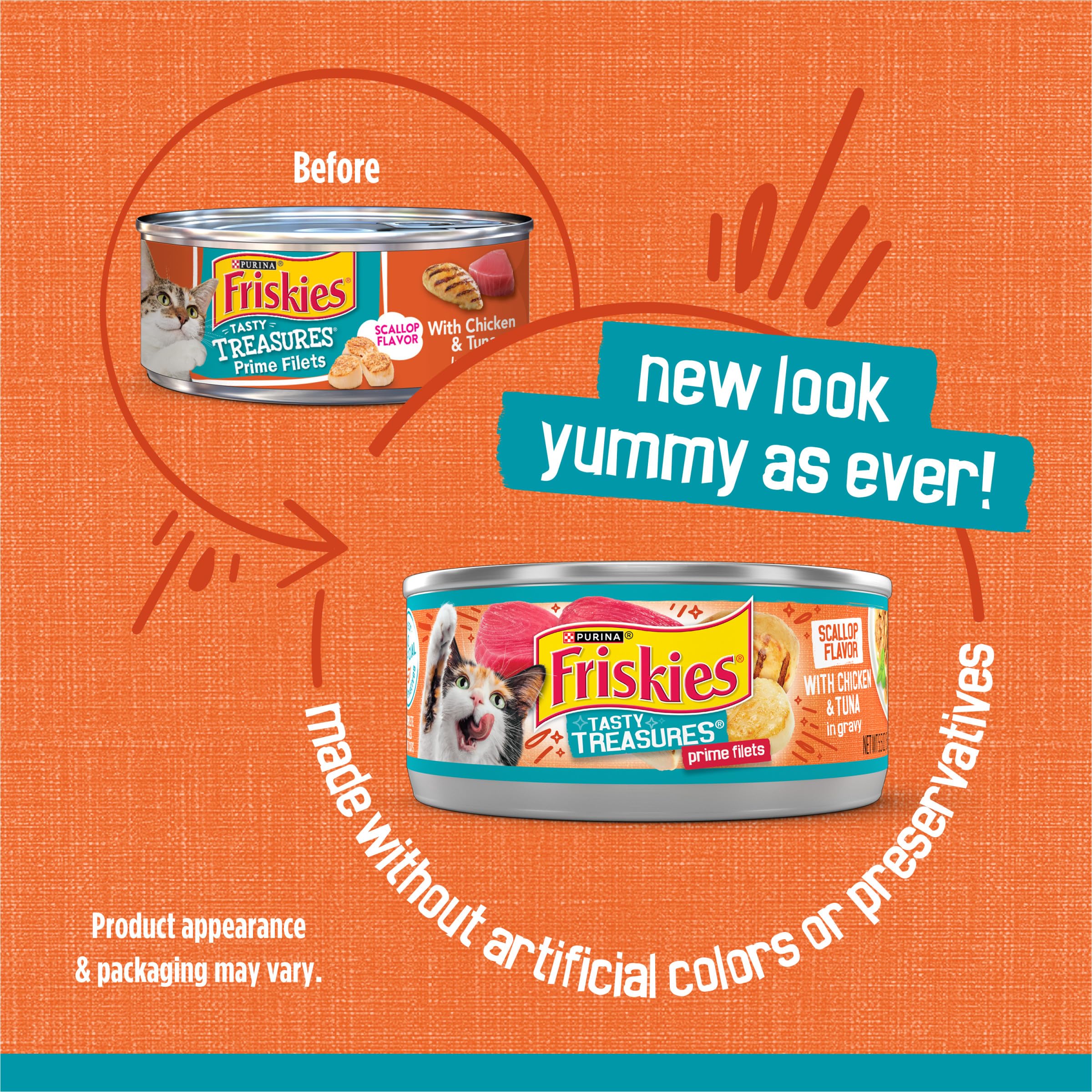 Friskies Tasty Treasures trozos pollo y atún en salsa vieira, listo para el plato diario