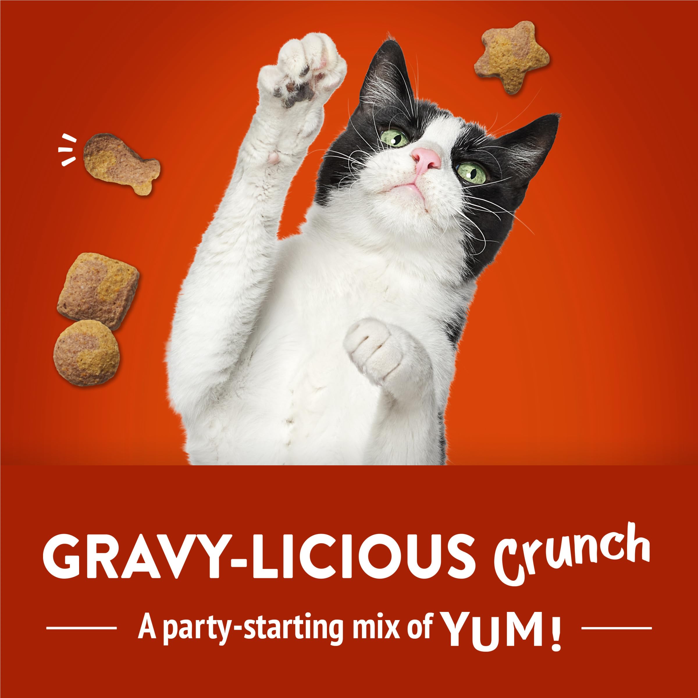 Friskies trozos crujientes, sabor pollo, entretiene a tu gato durante el snack.