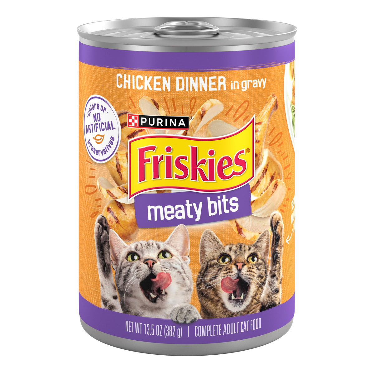 Friskies trozos de pollo en salsa en lata para gatos adultos, textura tierna.