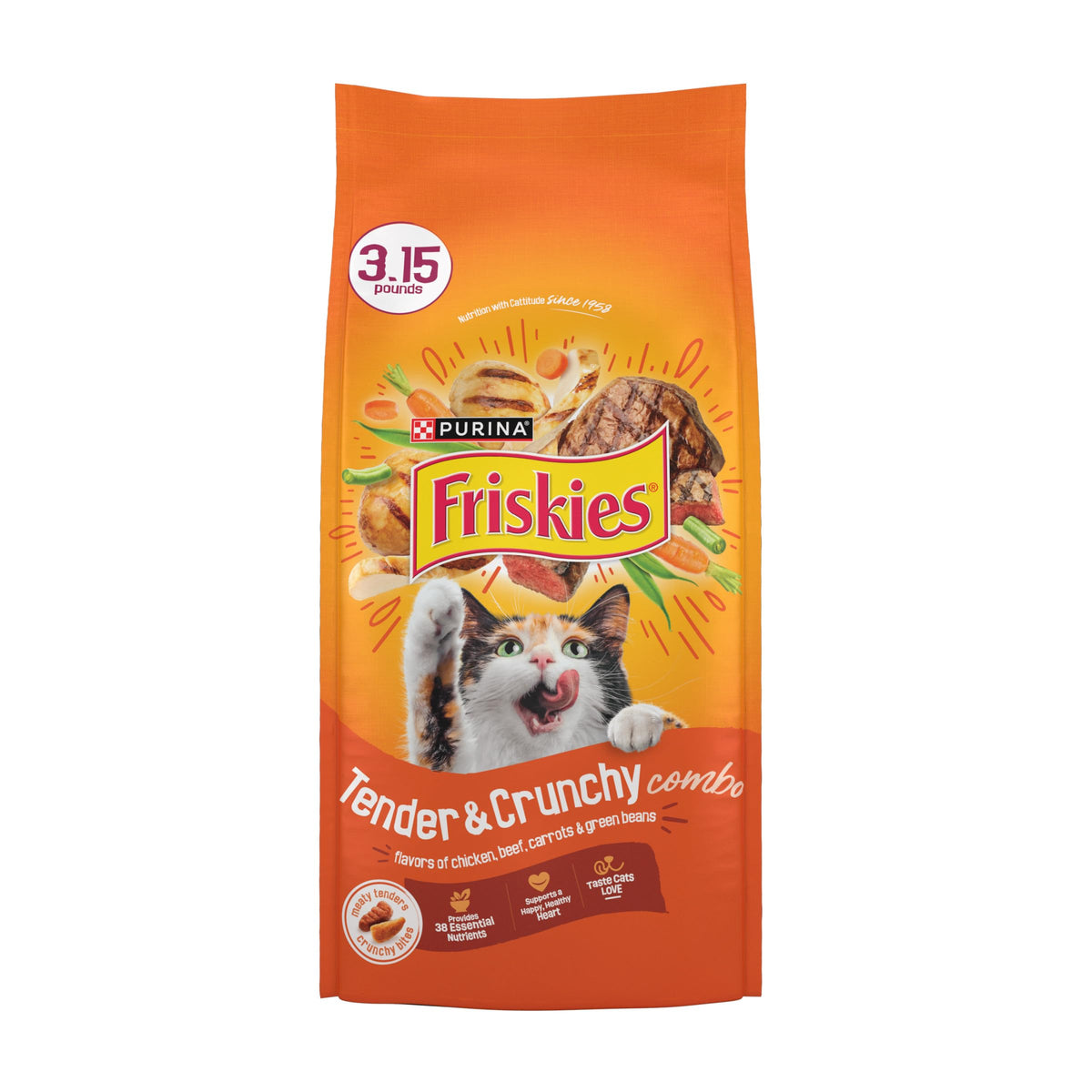 Friskies trozos tiernos y crujientes con pollo y res, para la hora de la comida.