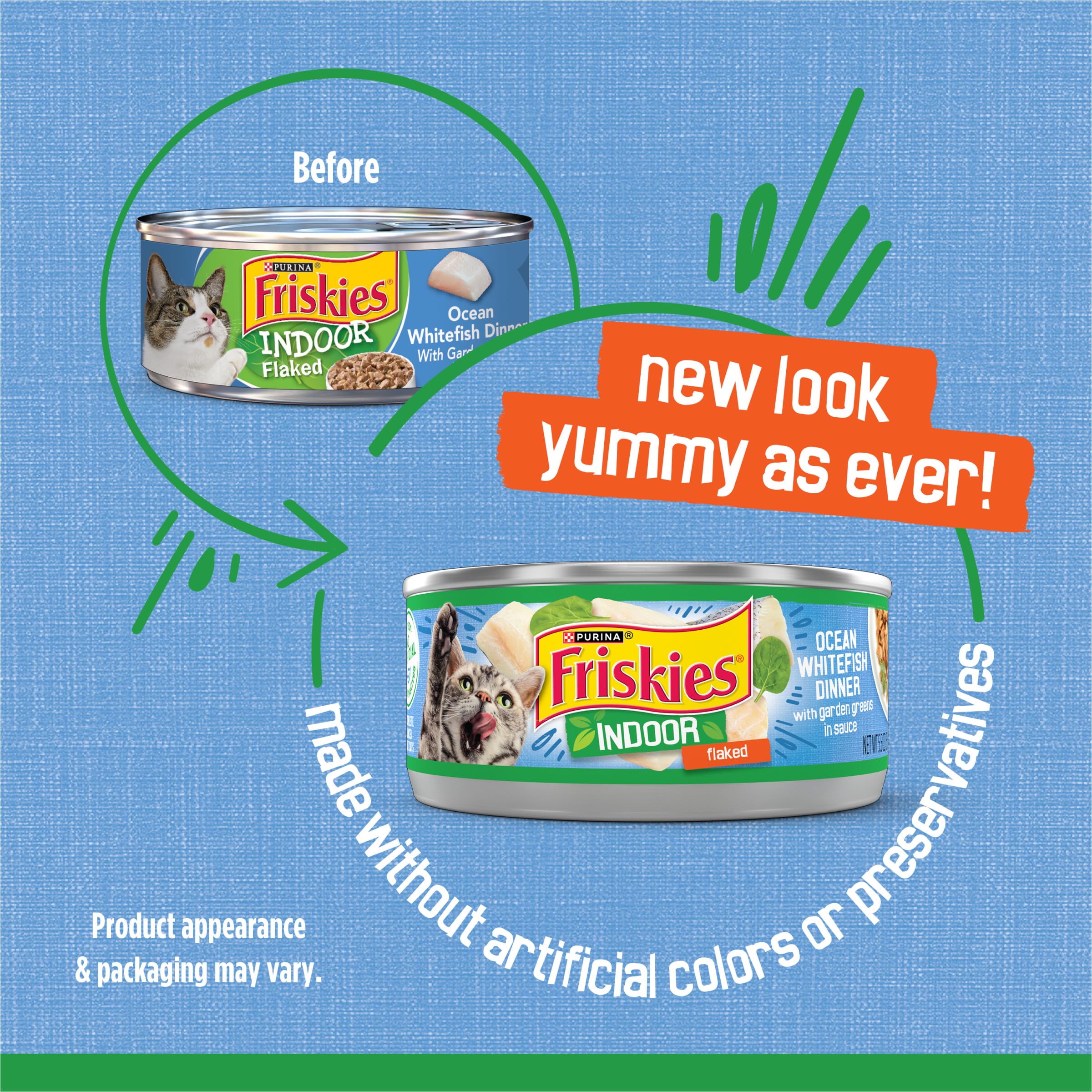 Friskies verduras-jardin-salsa presenta verduras de jardín frescas y salsa sabrosa para estimular el apetito.