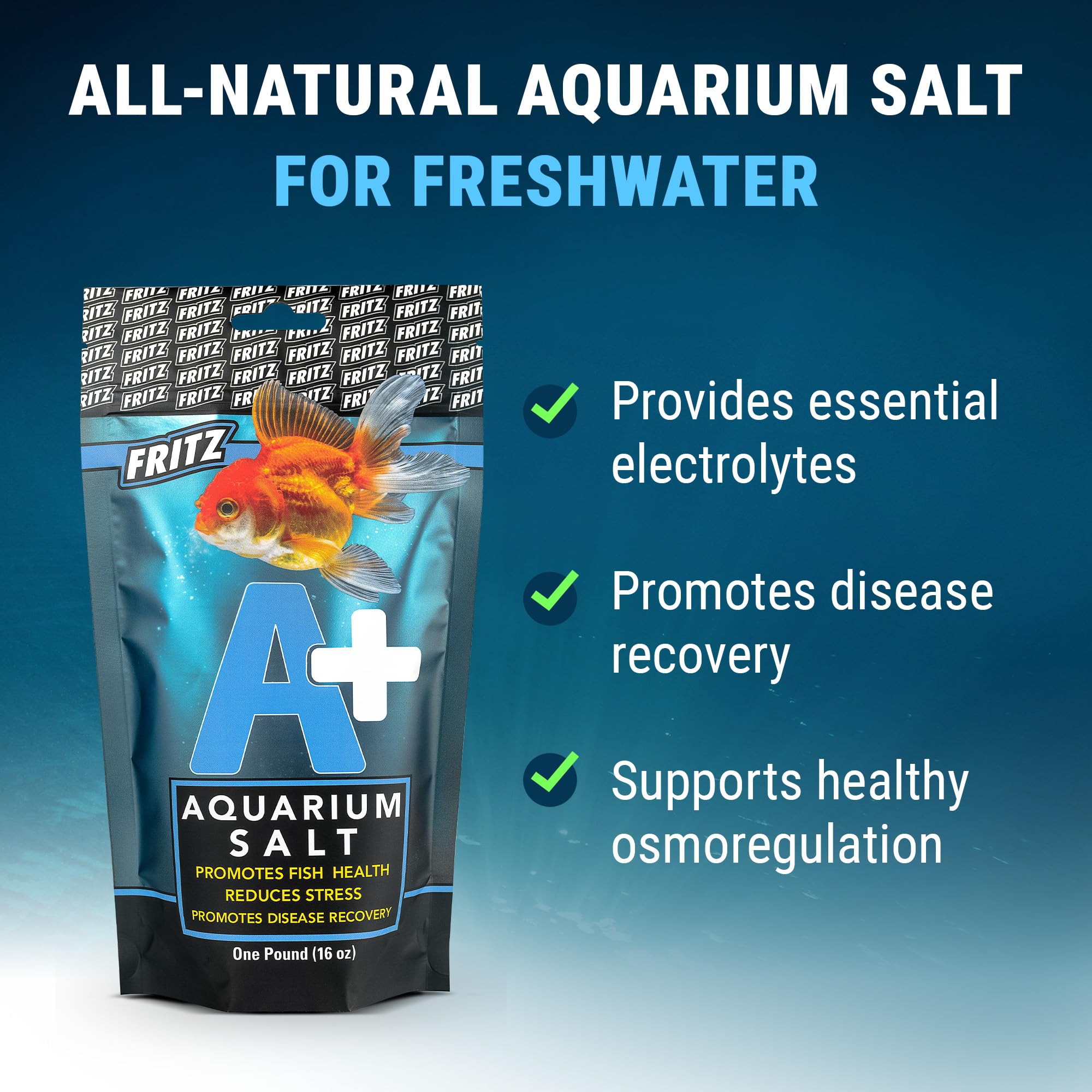 Fritz Aquatics A+ Salt: disolución rápida para equilibrio de electrolitos.