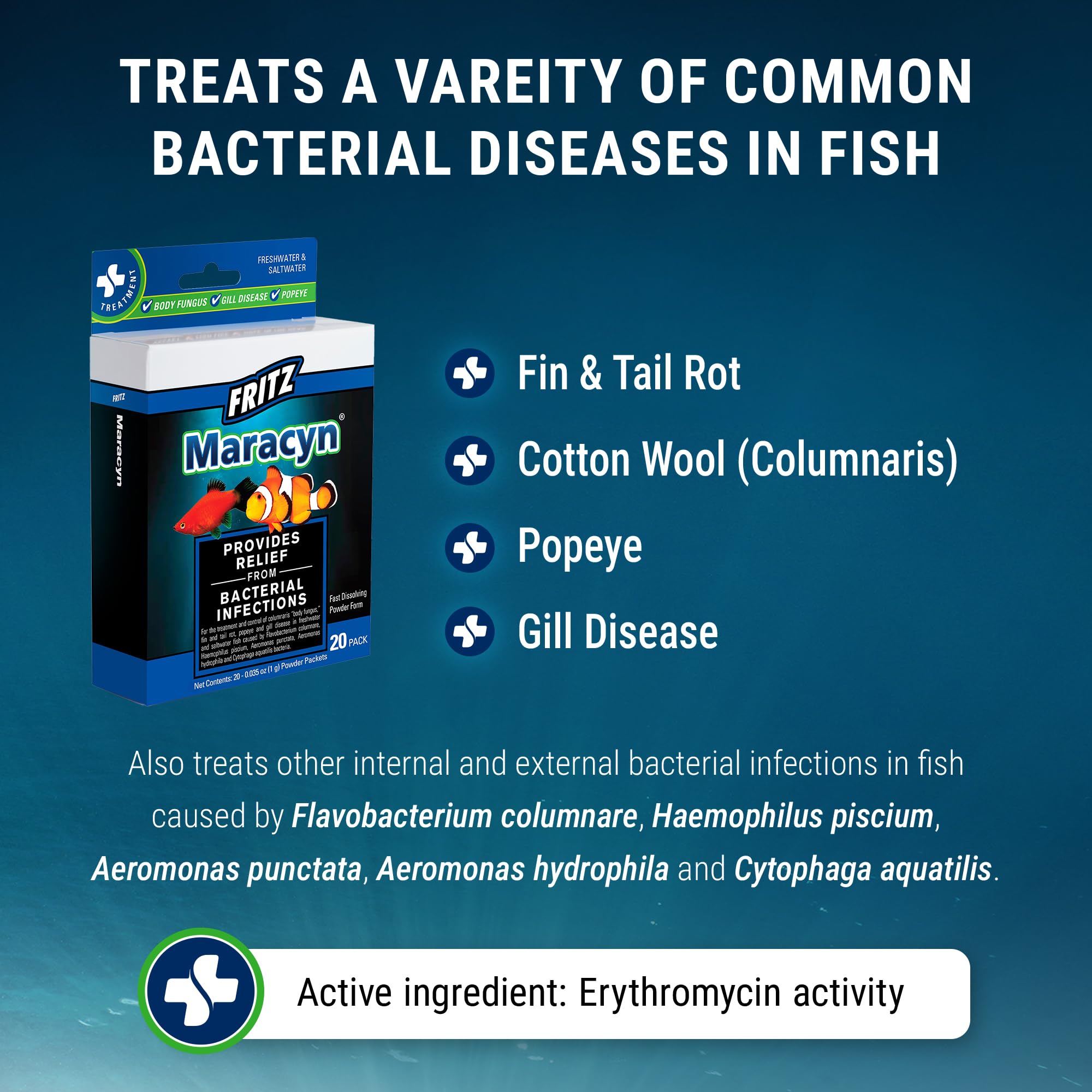 Maracyn Fritz Aquatics, caja de 20 dosis para infecciones bacterianas en peces.