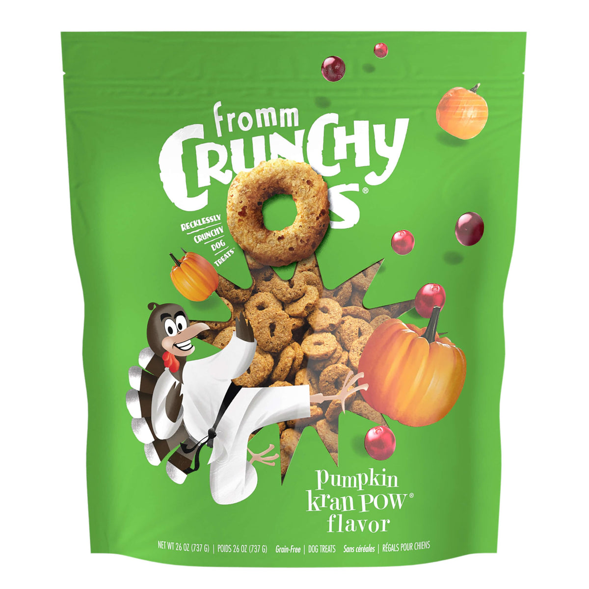 Fromm Crunchy Os Pumpkin Kran Pow, bolsa de galletas crujientes para perros, para premios durante el entrenamiento.