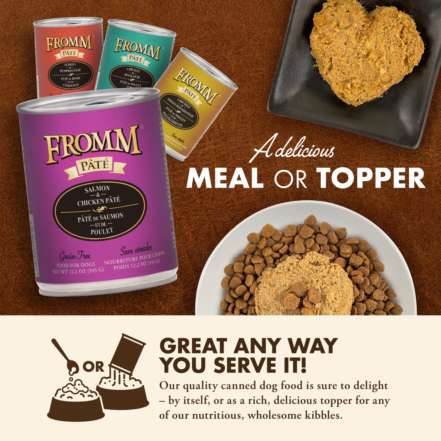 Fromm paté salmón y pollo, etiqueta llamativa, apto para todas las edades.