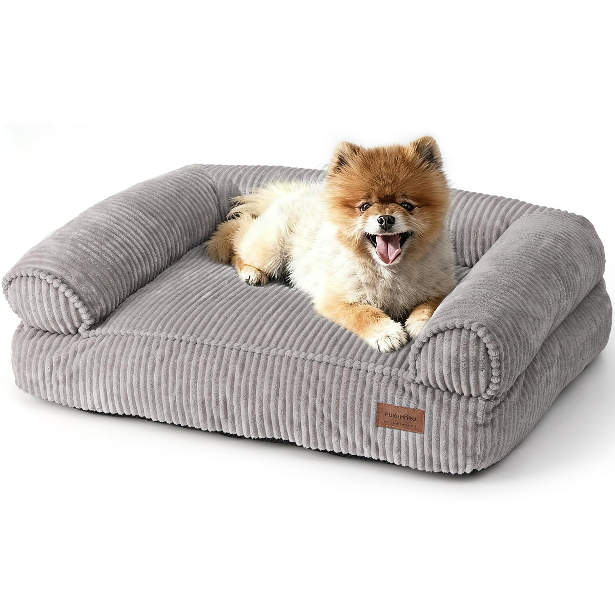 Cama para perros FUKUMARU en corduroy gris, suave y cálida.