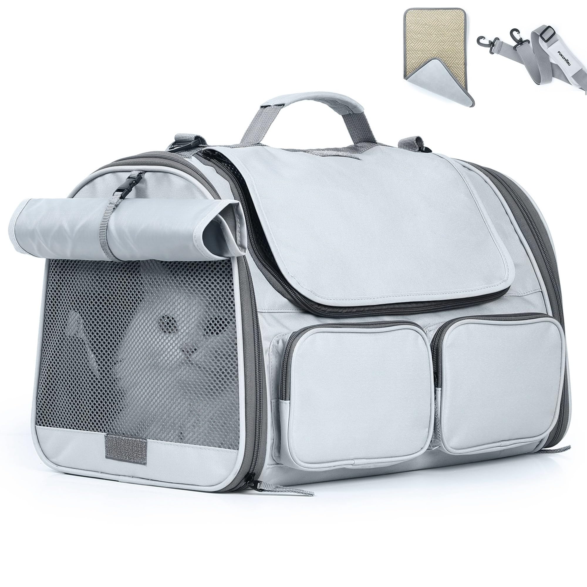 FUKUMARU transportín para gatos, vista frontal, ideal para viajes seguros.