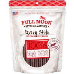 Full Moon battonnets boeuf essentiels emballage: friandise naturelle prête à partager avec votre chien.