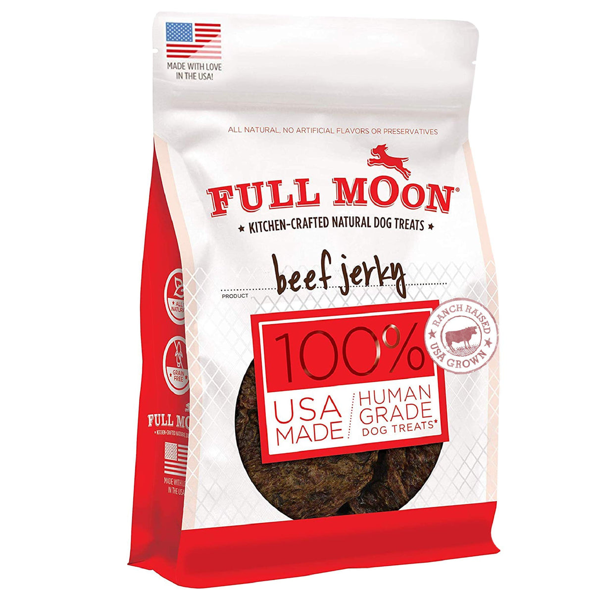 Full Moon Beef Jerky snack para perros, listo al abrir la bolsa para entrenar.