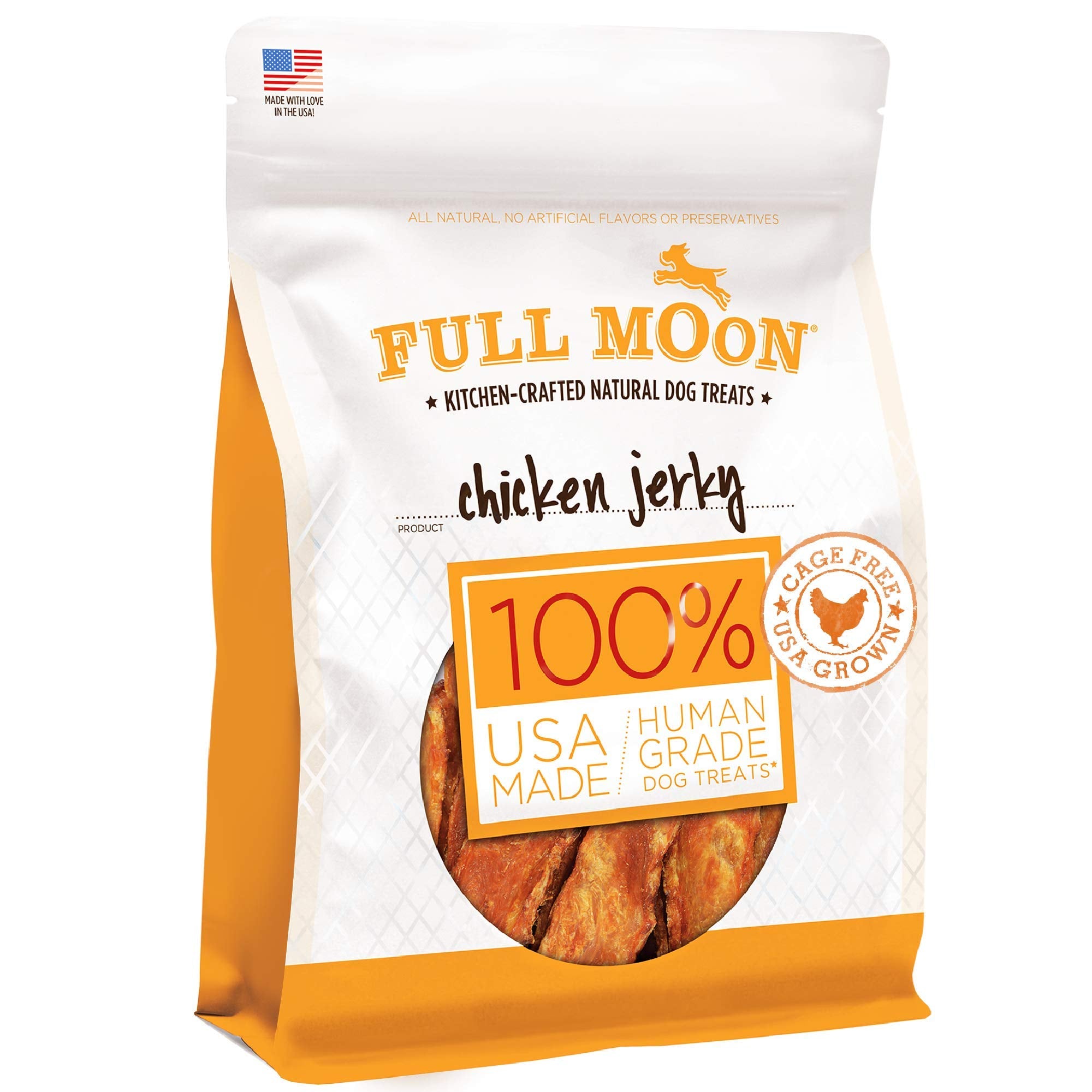 Full Moon Jerky de Pollo: ingredientes naturales sin aditivos para perros exigentes.