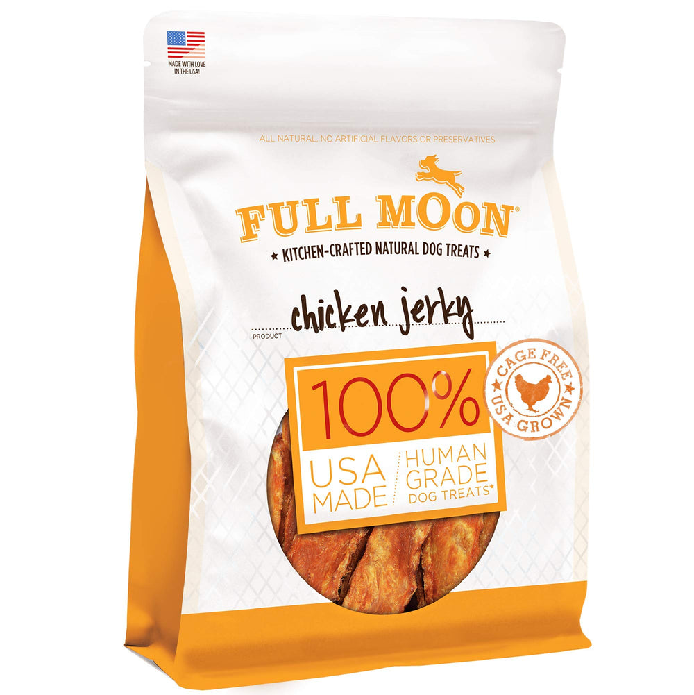 Full Moon Jerky de Pollo: ingredientes naturales sin aditivos para perros exigentes.