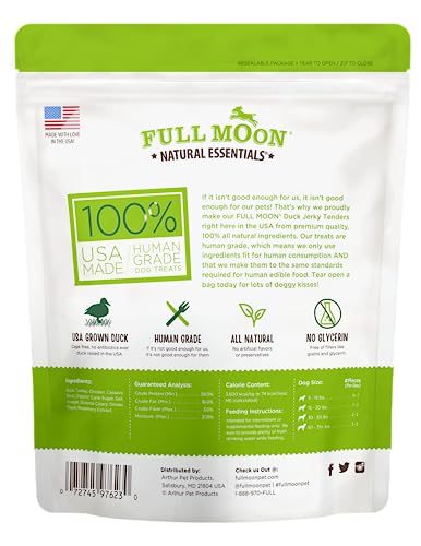 Full Moon Duck Tenders bag open showing wholesome, natural ingredients
