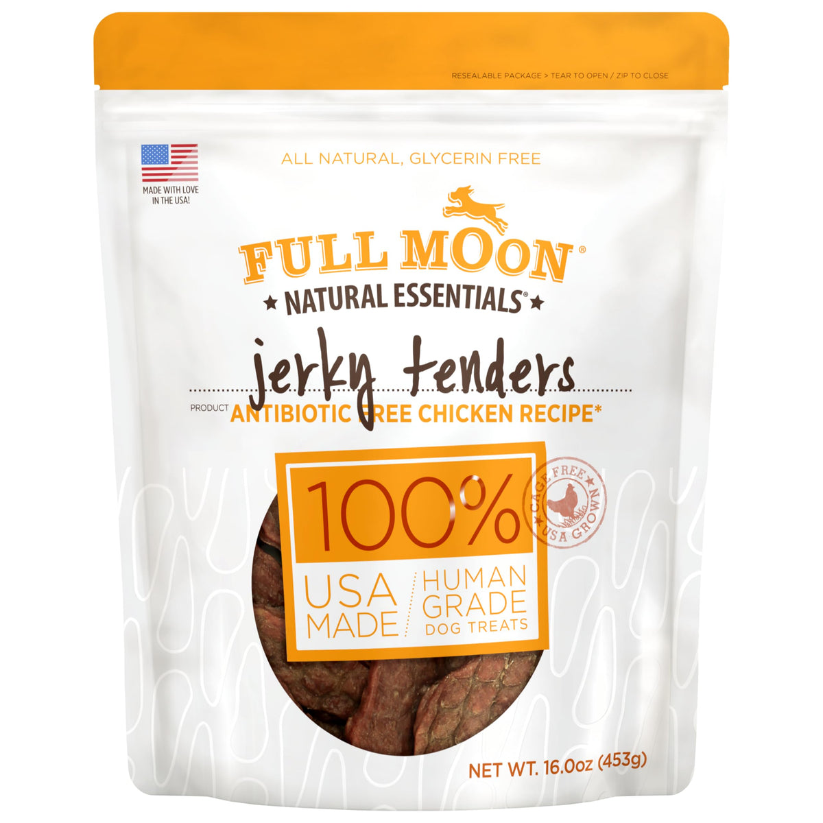 Full Moon Essential Chicken Tenders 16oz bag closeup; shows wholesome, human-grade ingredients.