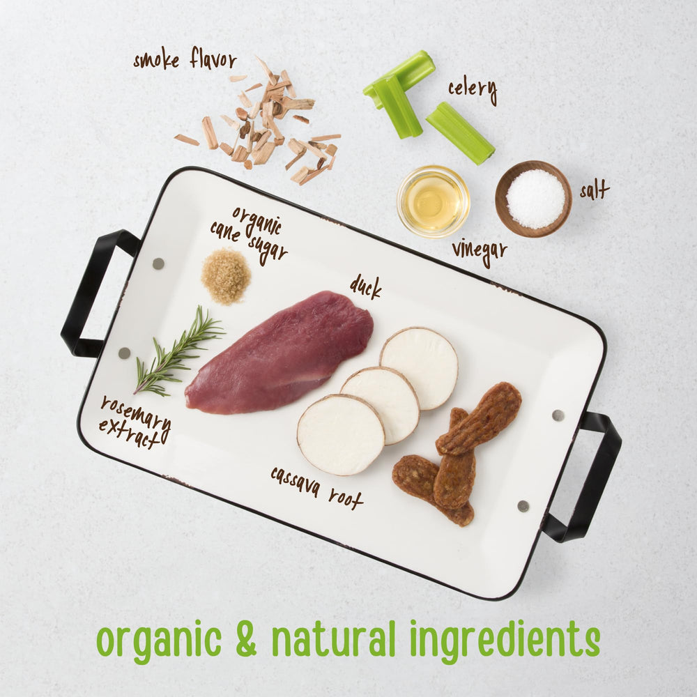 Full Moon Essential Duck Tenders closeup ingredients reveal cage-free duck and cassava