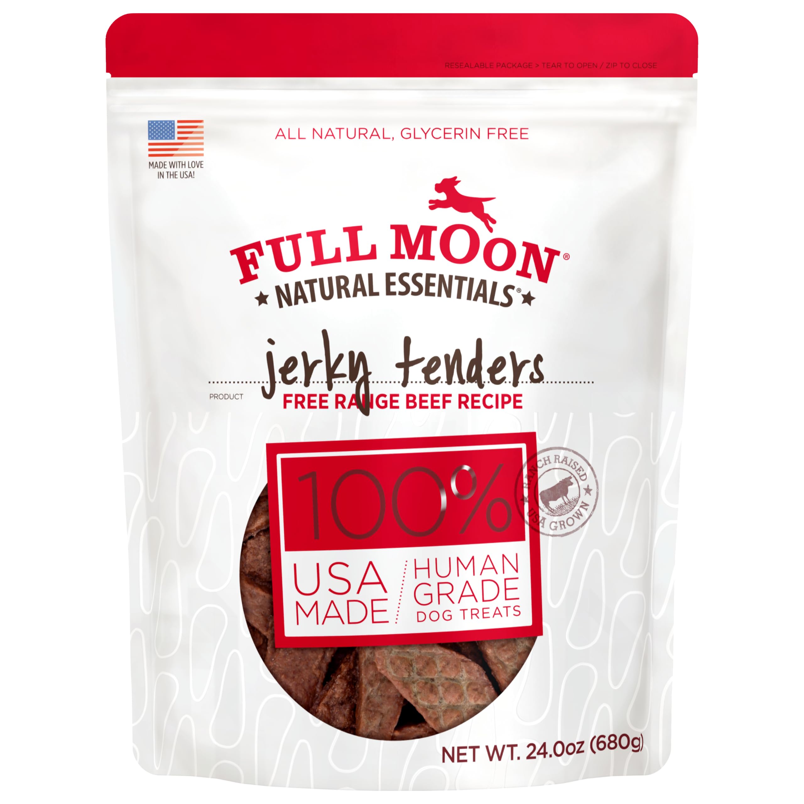 Full Moon Essentials: tiras de carne de res listas para premiar, snack natural para perros.