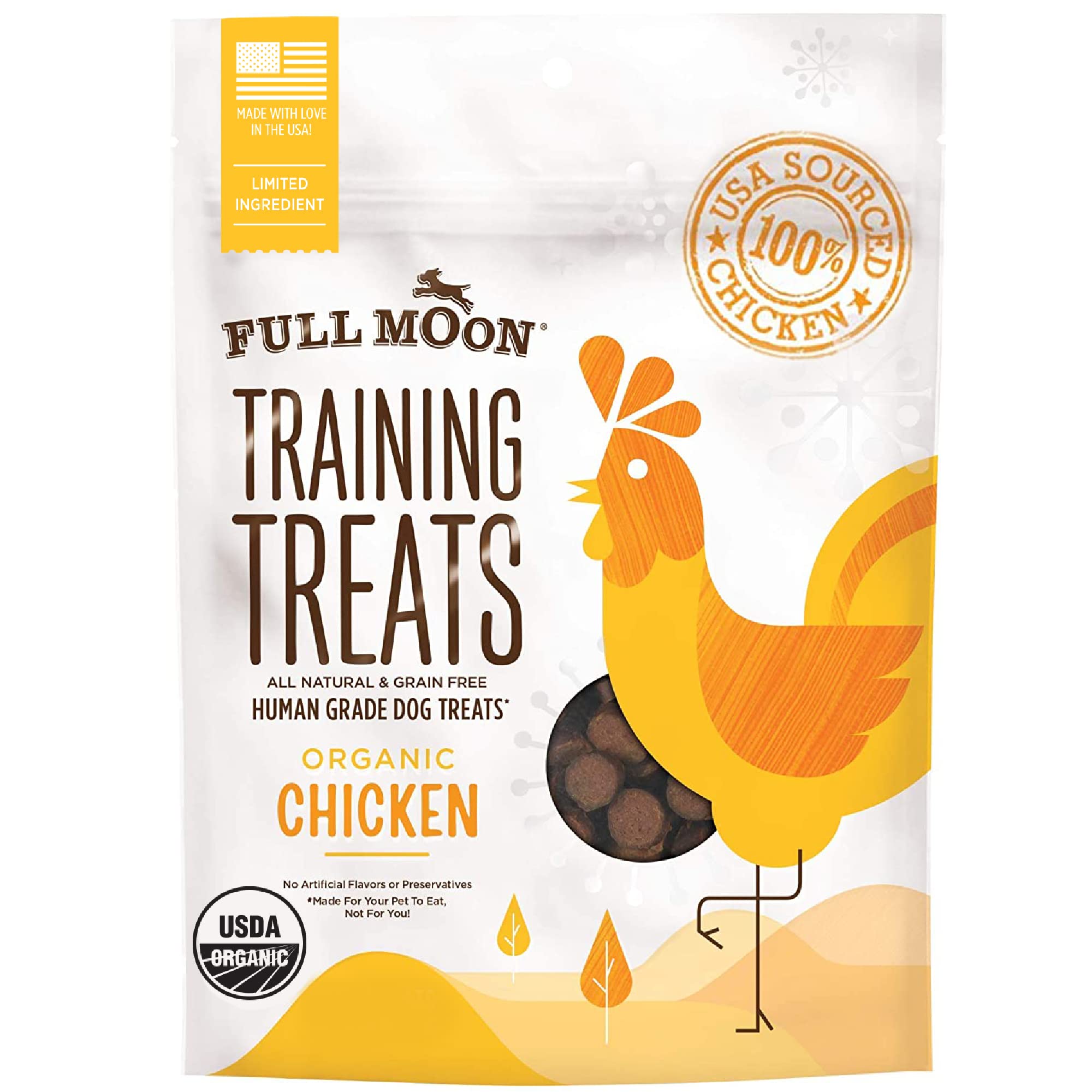 Full Moon premios de pollo orgánico en empaque práctico, ideal para entrenar a tu perro.