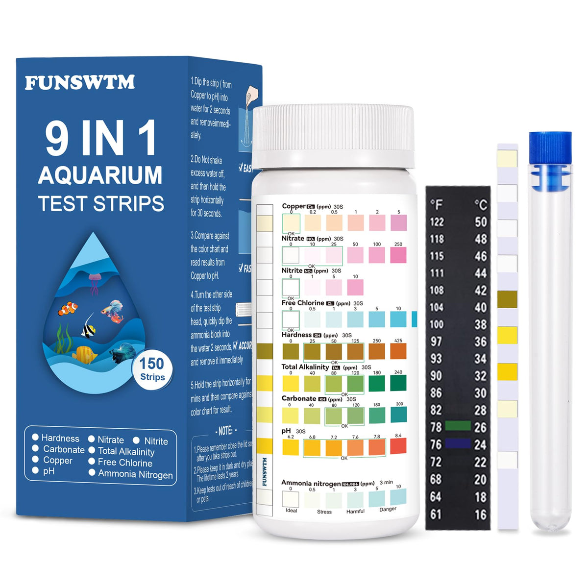FUNSWTM pruebas 9 en 1 en caja para monitorear la calidad del agua del acuario.