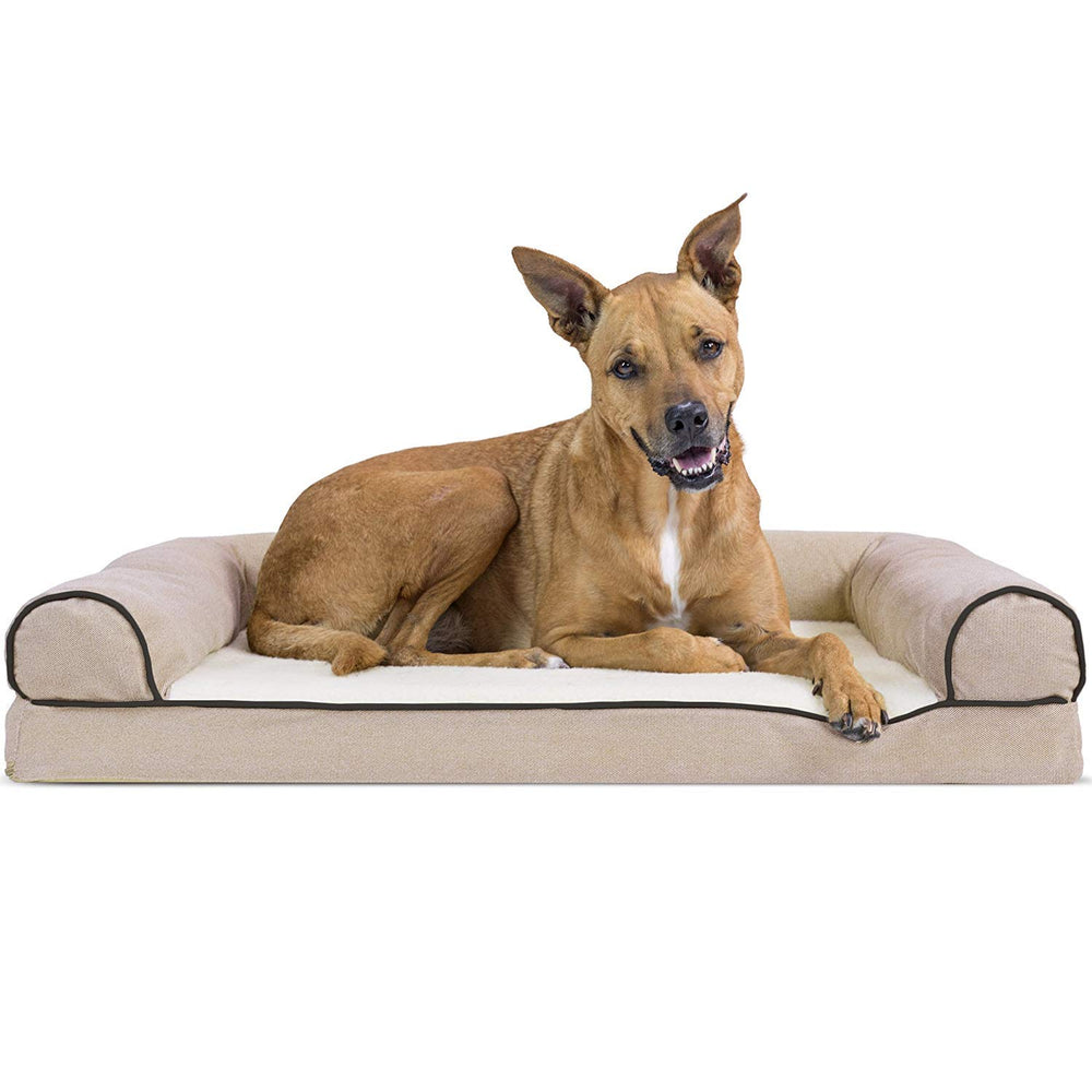Furhaven cama ortopédica para perros grandes con superficie sherpa suave y funda crema.