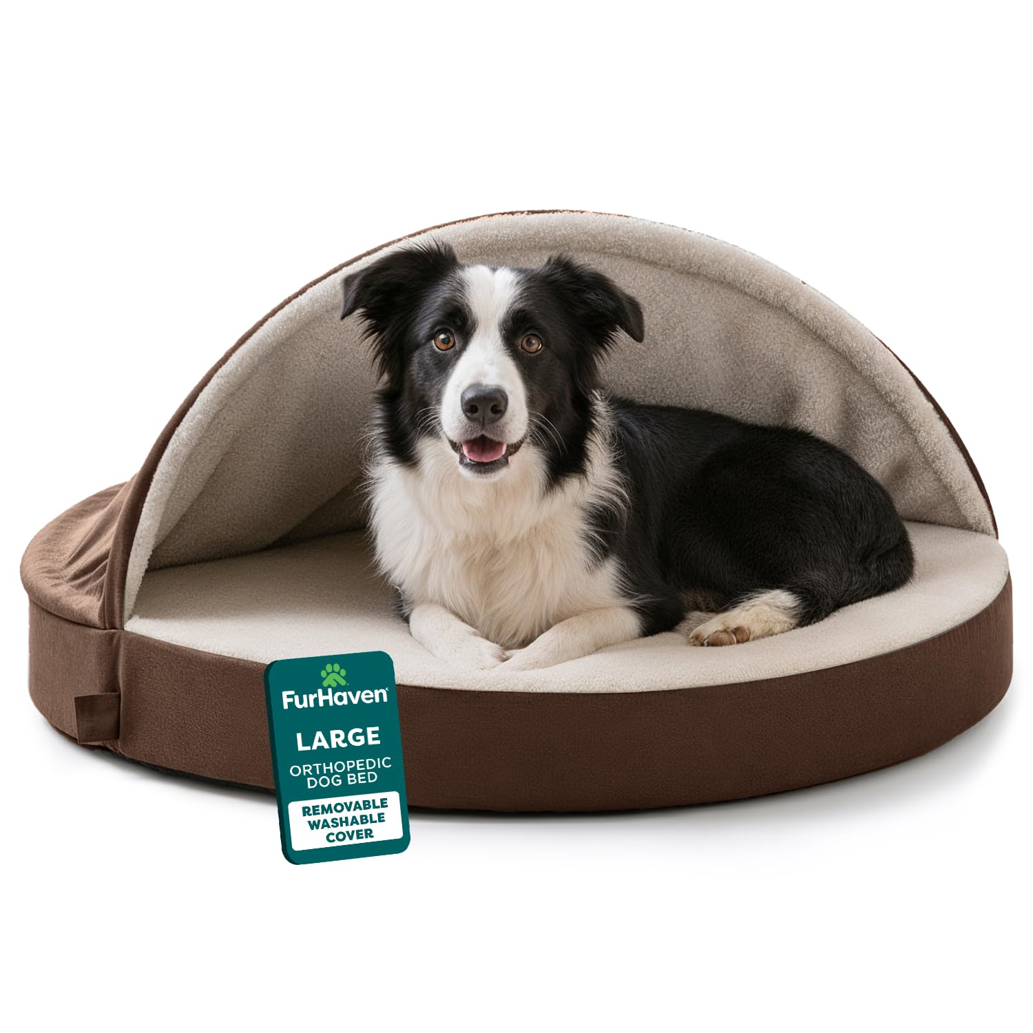 Cama FurHaven ortopédica redonda para perros grandes con soporte de articulaciones.