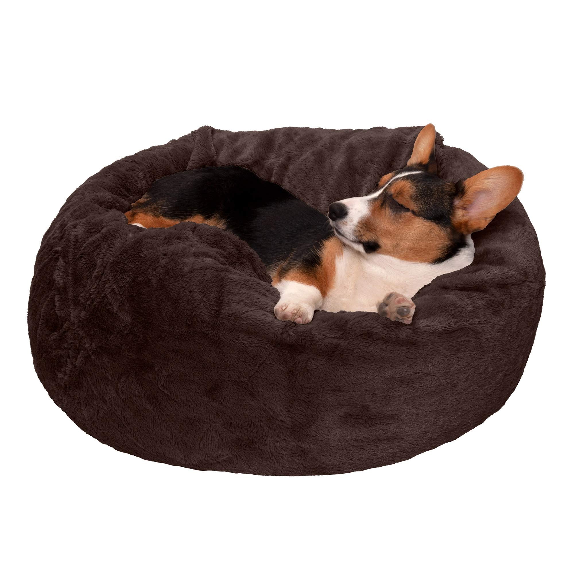 Cama de peluche Furhaven en bola marrón intenso para dormir cómodo.